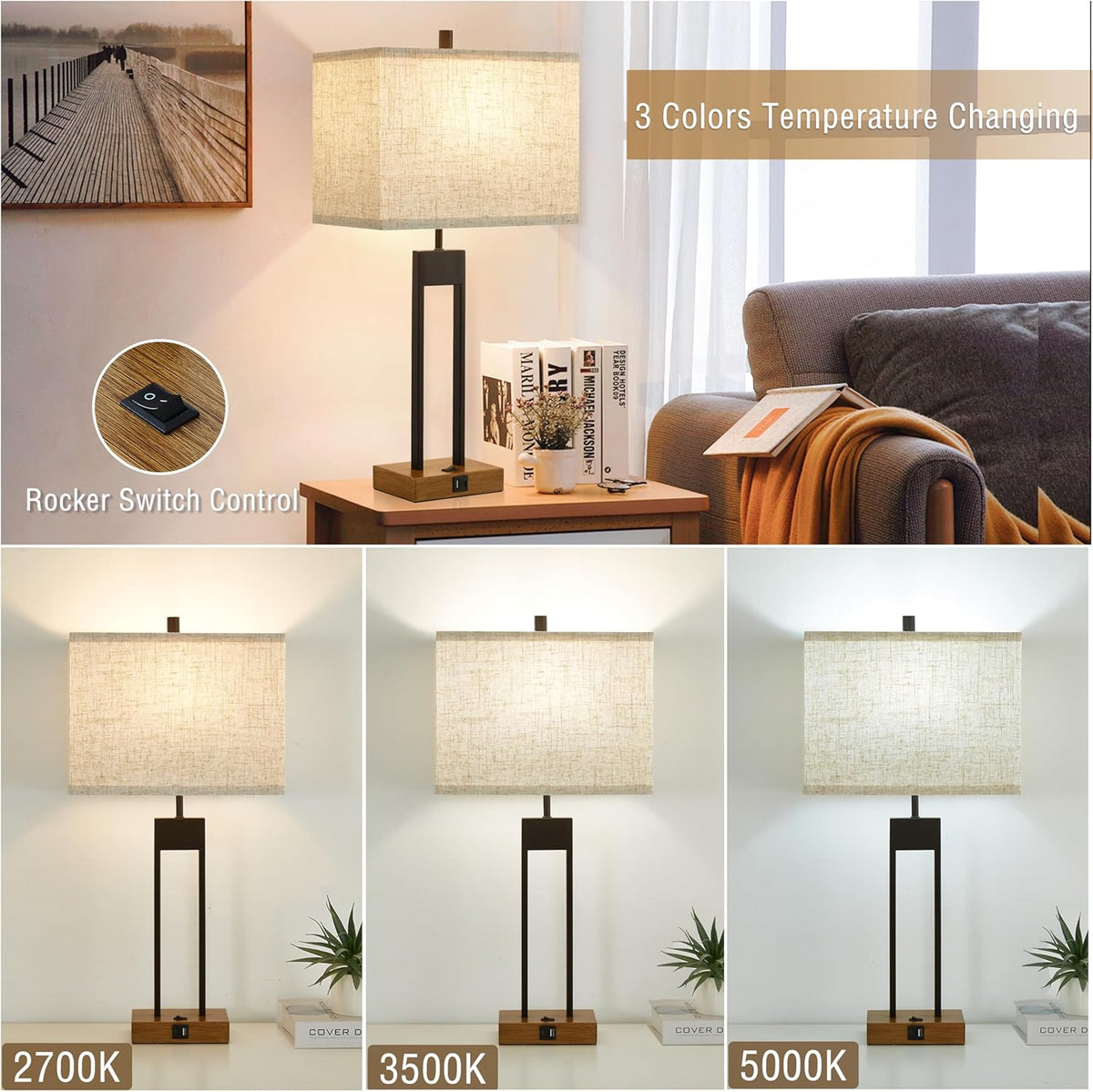 25.5'' Set of 2 Modern Bedroom Table Lamps with USB C+A Ports, 3 Color Changeable, Brown Night Stand Lamps for Bedside, Guest Room, Office, Reading