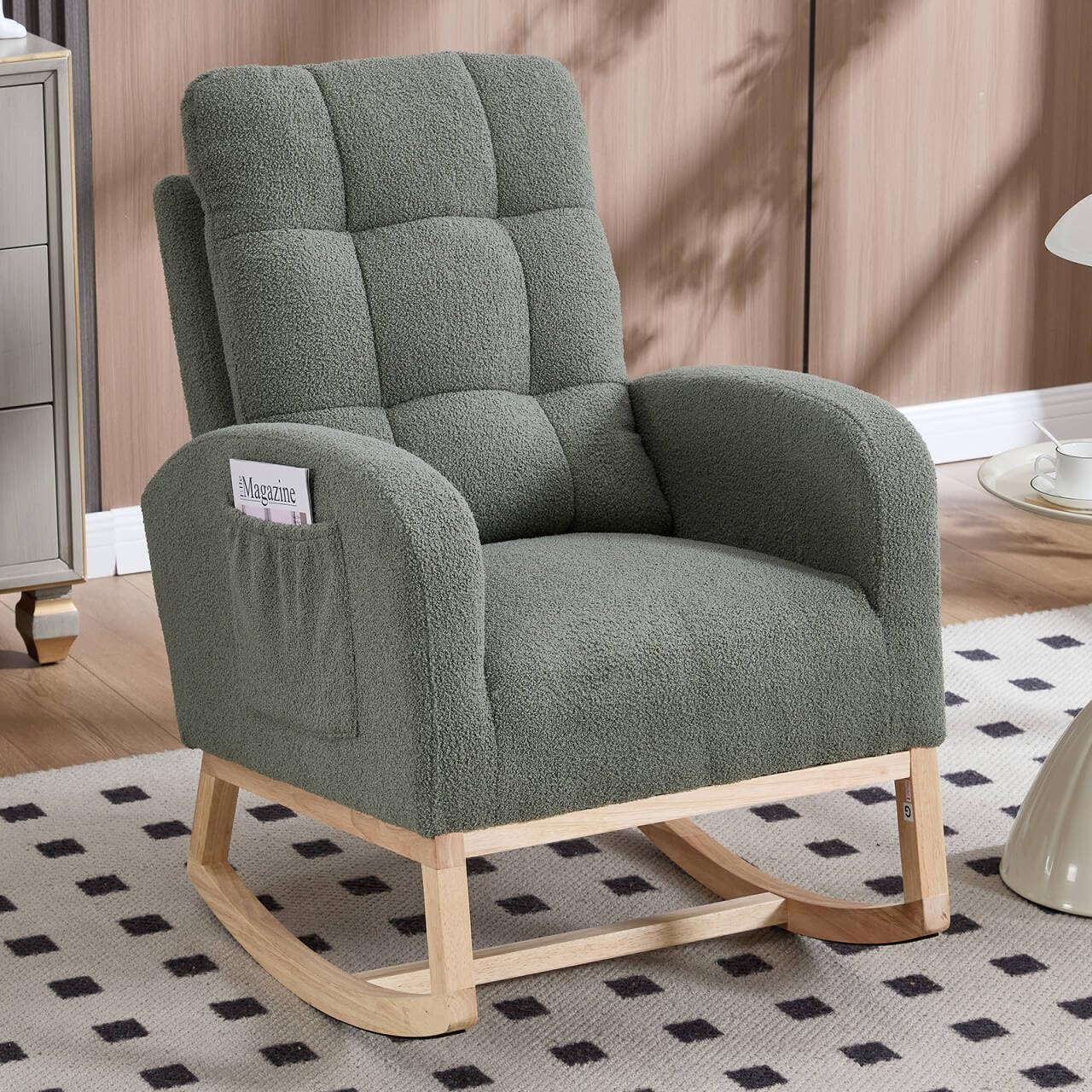 NIOIIKIT Nursery Rocking Chair, Teddy Upholstered Glider Chair with Side Pocket, Glider Rocker Chair with Tufted Back, Comfy Accent Nursing Chair for Living Room (Olive Green Retro)