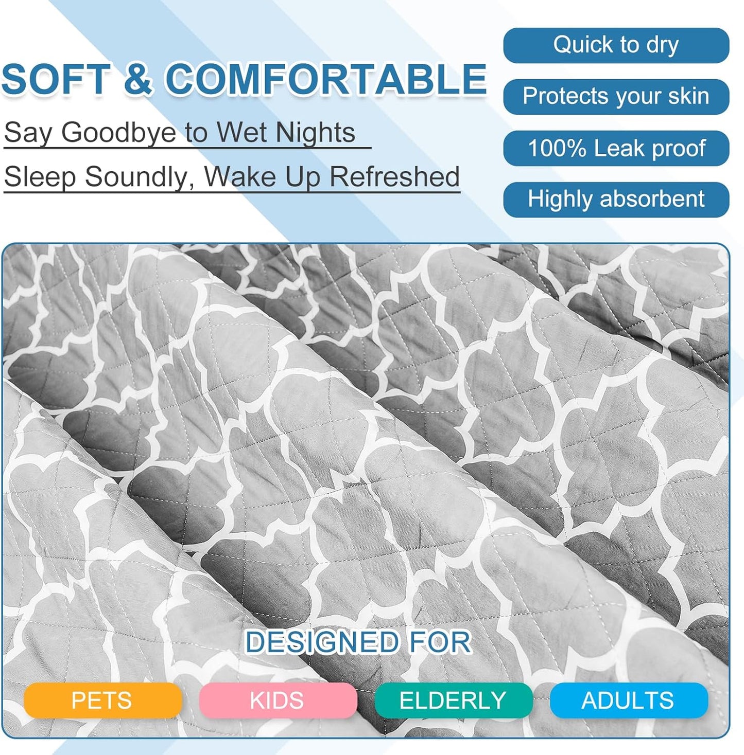 OUTCREATOR® Washable Bed Pads 34" x 36" (Pack of 2), Incontinence Mattress Protector, Anti-Slip Waterproof Underpads for Adults Kids Elderly Pets, Absorbency & Reusable Bedwetting Pads (Gray)