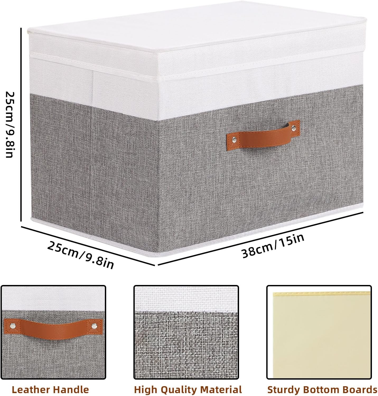 Fabric Storage Bins with Lids, 5 Pack Linen Foldable Cloth Baskets, 15 x 9.8 x 9.8 Inch Closet Organizer Containers with Double Handles, Sweater Boxes for Bedroom, White and Grey