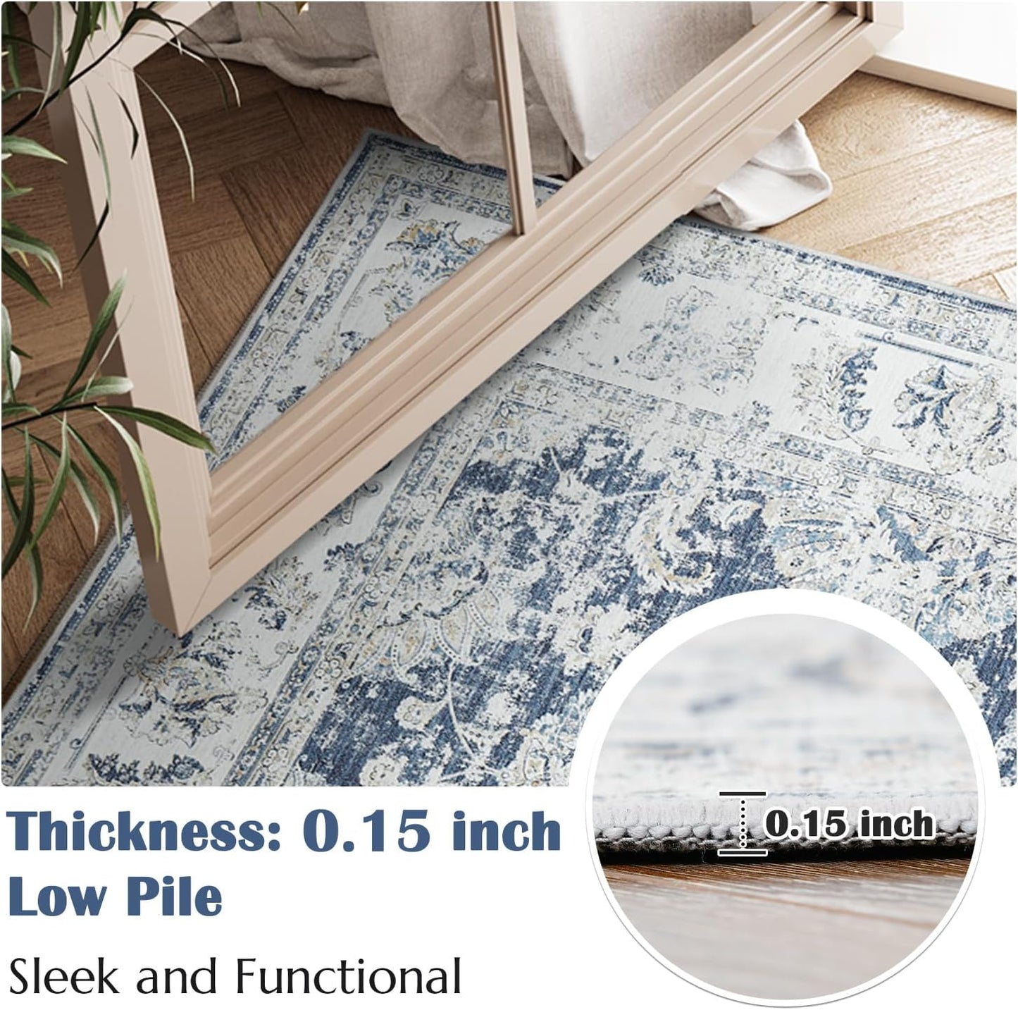jinchan Runner Rug 2x5 Machine Washable Hallway Rug Dark Blue Vintage Floral Print Non-Slip Low Pile Ultra-Thin for Kitchen,Entryway,Laundry Room,Bedroom,Farmhouse (2‘x5’,Dark Blue)
