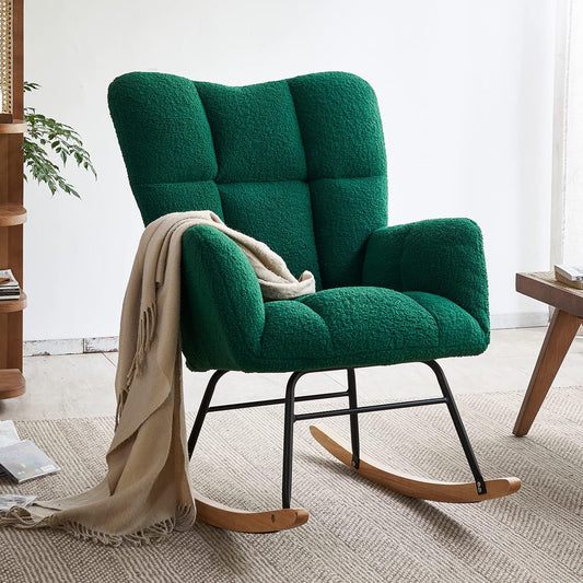 Nursery Rocking Chair, Teddy Fabric Upholstered Glider Rocker with High Backrest, Modern Rocking Accent Chairs Comfy Side Chair for Nursery, Bedroom, Living Room (Green)