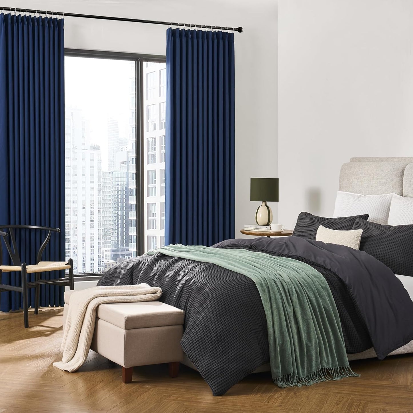 KEQIAOSUOCAI Navy Pleat Wide Width Drapes 80 x 96 inch Long 2 Panels - Thermal Insulated Room Divider Curtains for Bedroom/Living Room/Patio, Pinch Pleated Curtain Panel with Hooks