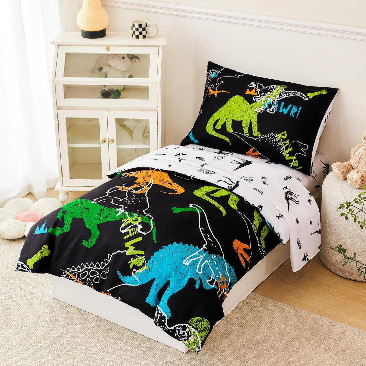 PERFEMET 4-Piece Boys Toddler Bedding Sets Cartoon Dinosaur Comforter Set for Girls Kids Soft Reversible Colorful Animal Bed Set for Toddler(Dinosaur, Toddler)