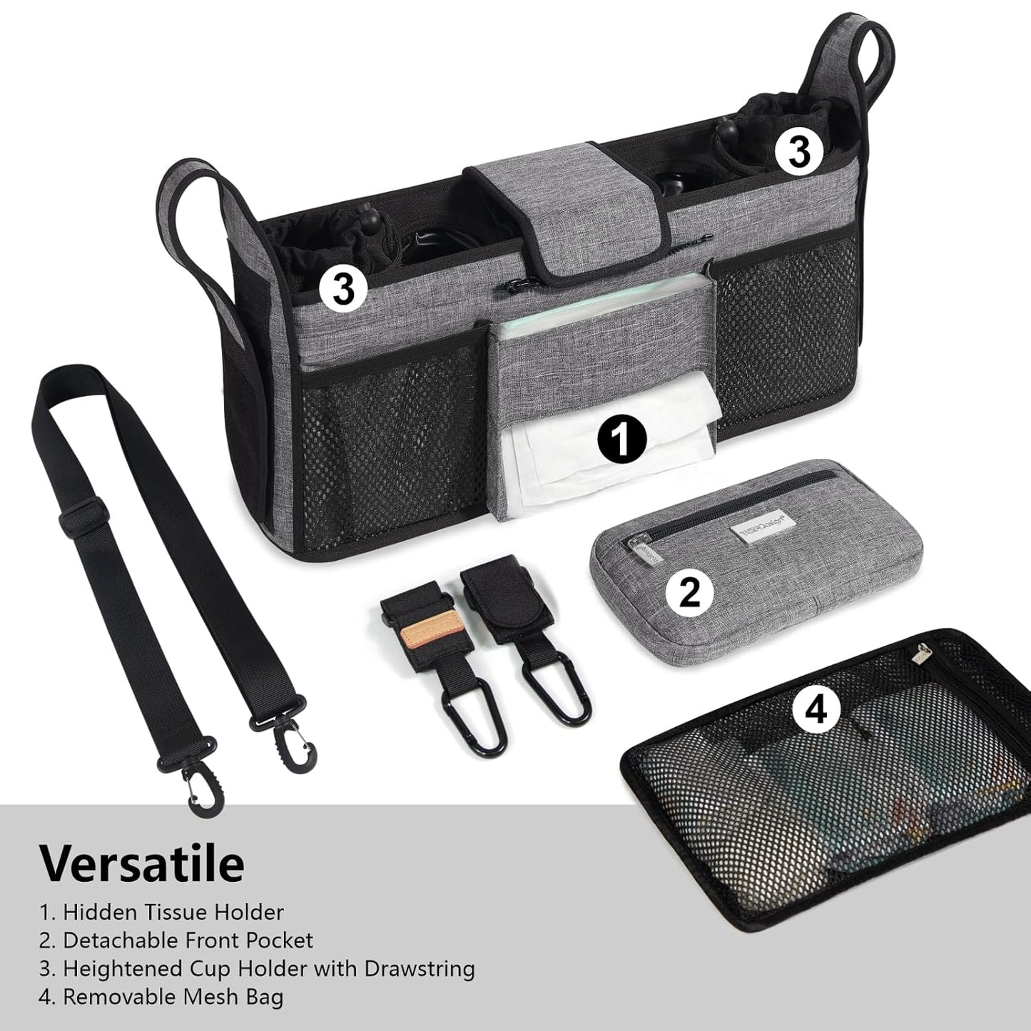 TOPDesign Universal Baby Stroller Organizer, Double Stroller Caddy with Detachable Mesh Bag & Heightened Insulated Cup Holders & Non-Slip Secure Hooks Accessories, Fits Most Strollers (Grey)