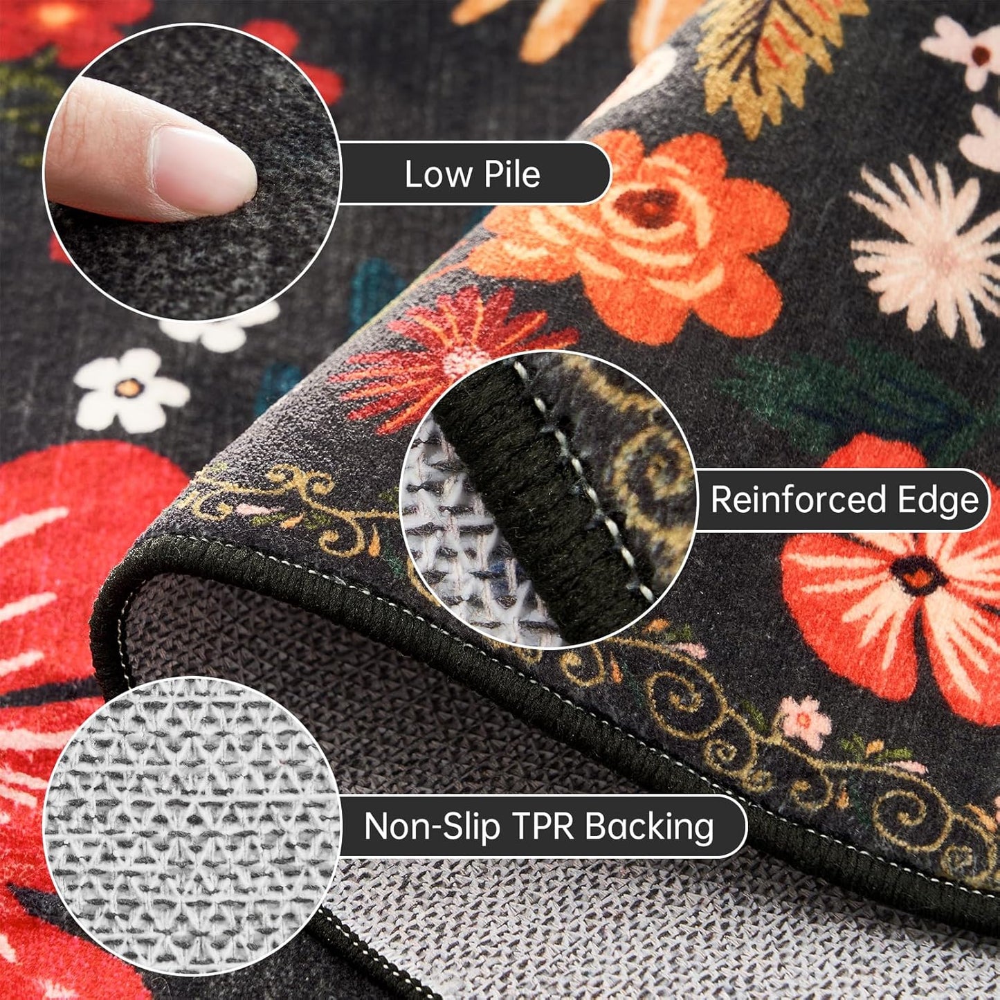 Black 8x10 Area Rugs for Large Living Room Machine Washable Non-Slip Backing Boho Floral Rugs Soft Faux Wool Low Pile Stain Resistant Dark Carpet Rug for Cozy Bedroom Dining Room Nursery Kids Room
