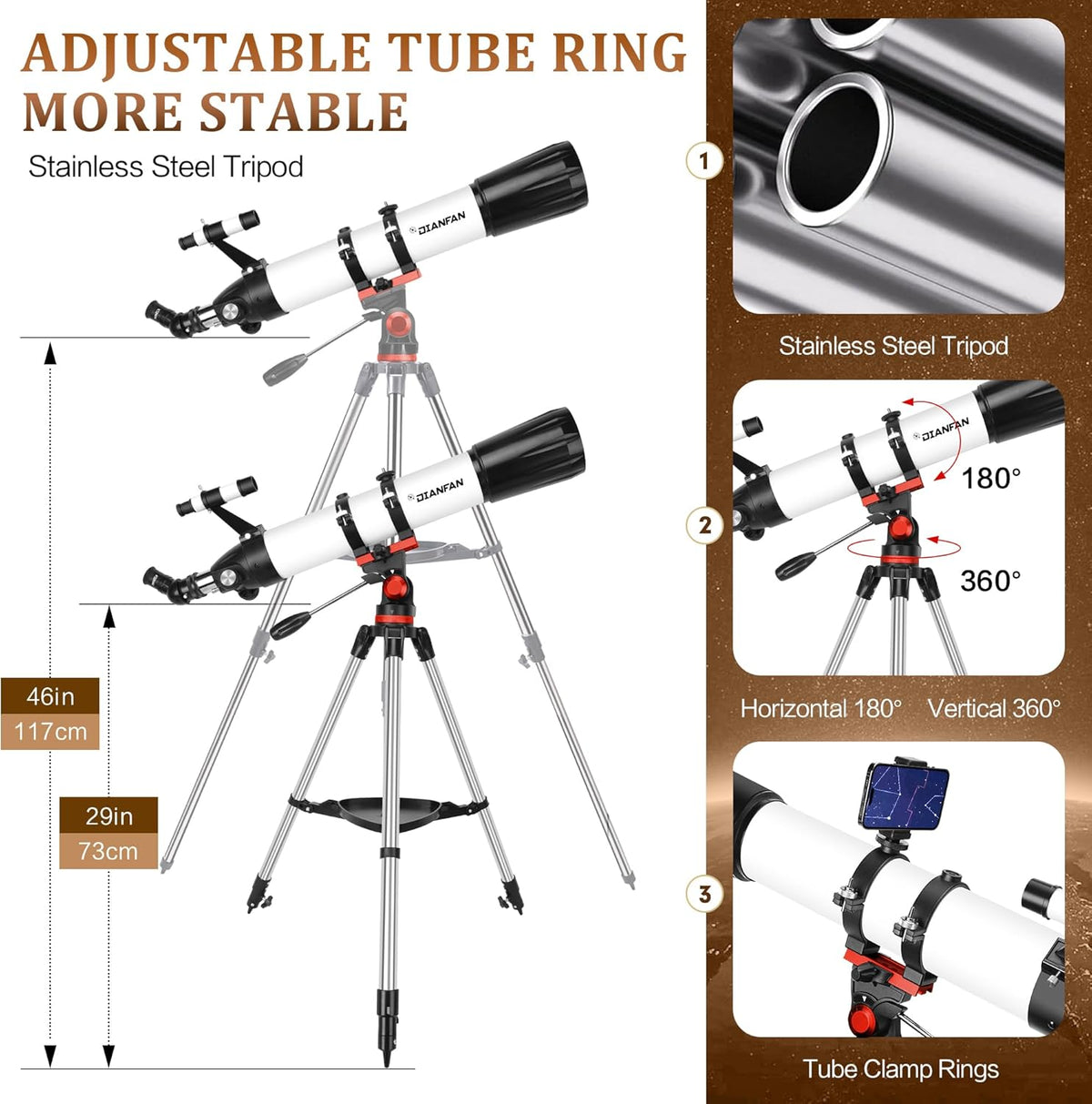 Dianfan Telescope,90mm Aperture 800mm Telescopes for Adults Astronomy,Portable Professional Refractor Telescope for Beginners,with Stainless Tripod & Phone Adapter,Carry Bag