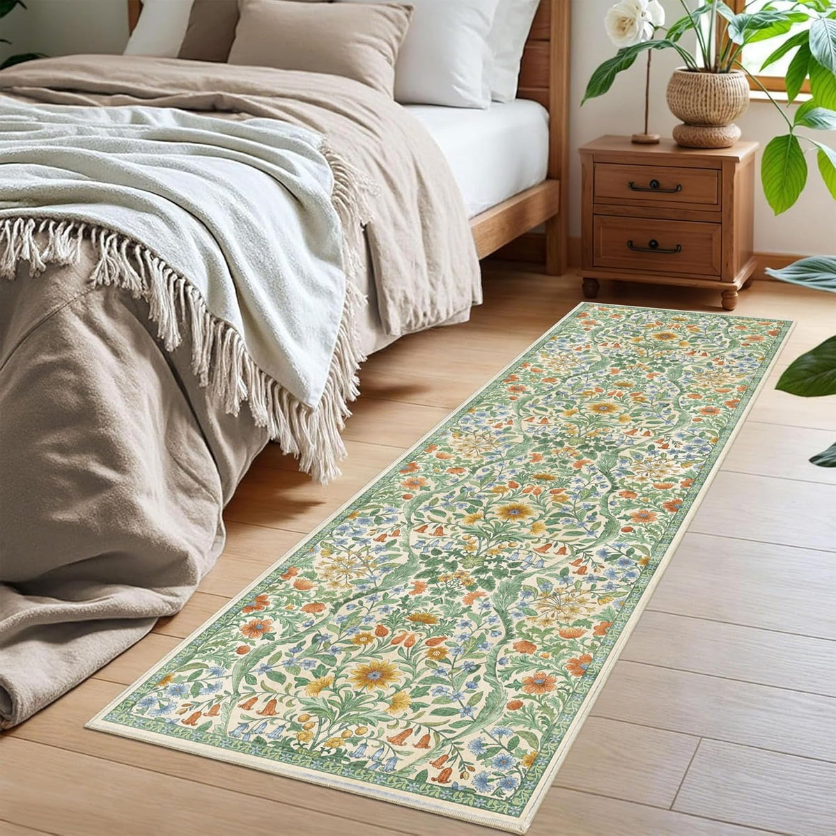2x6 Washable Runner Rug,Grass Green Floral Boho Area Rug for Hallway,Low-Pile Non-Slip Stain Resistant Carpet for Kitchen, Bedside,Laundry Room,Entryway