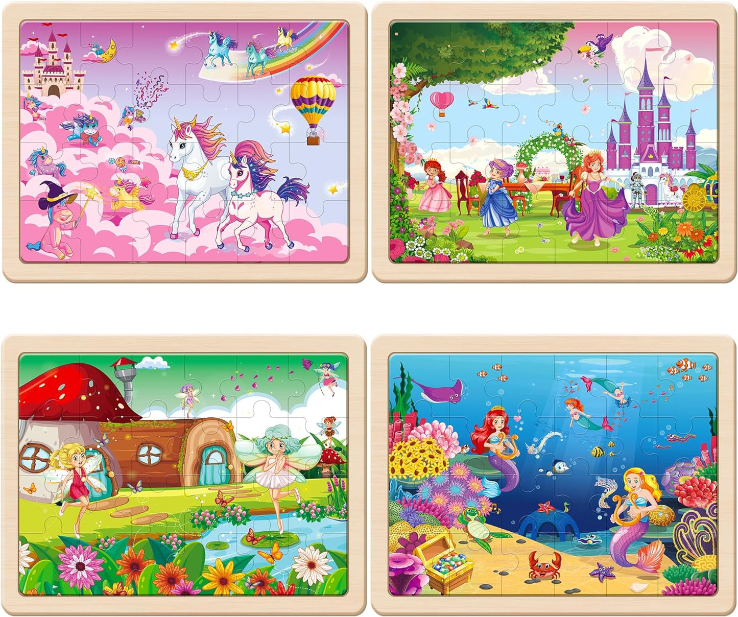 SYNARRY Large Unicorn Mermaid Princess Fairy Wooden Kids Puzzles 4 in 1 Gift Box(12.2 * 9.4 in) - FSC Certified, Wood Puzzles for Kids Ages 4-6, Toys Gifts for 3 4 5 Year Old Toddlers Girls