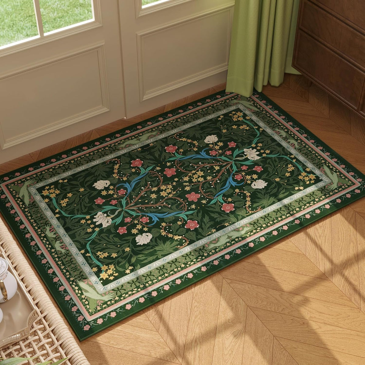 Door Mat Indoor Entrance 2x3 Rug Machine Washable Vintage Floral Botanical Small Area Rug Non-Slip Low Pile Throw Rugs for Entryway, Kitchen, Front Door Entrance, Entry, Kids Room, Green