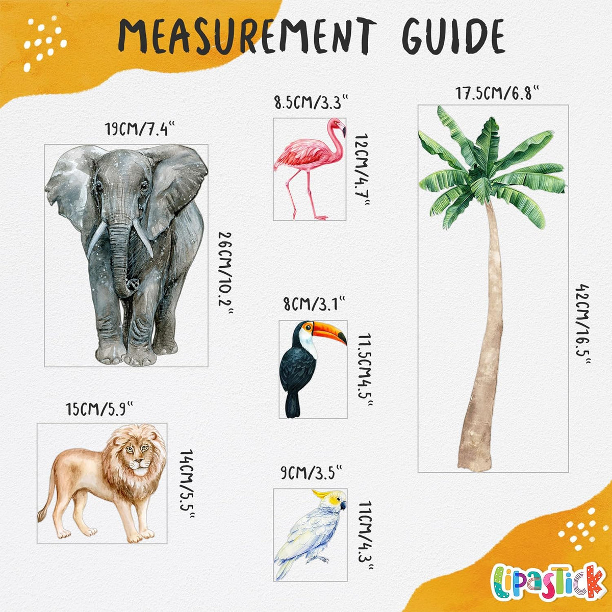 Safari Animal Wall Decals for Kids by Lipastick-Peel and Stick Jungle Stickers Giraffe, Elephant, Hippo, Palm Tree, Parrot for Toddlers Room, Nursery, Playroom, Classroom, Daycare Decor Art- S Size