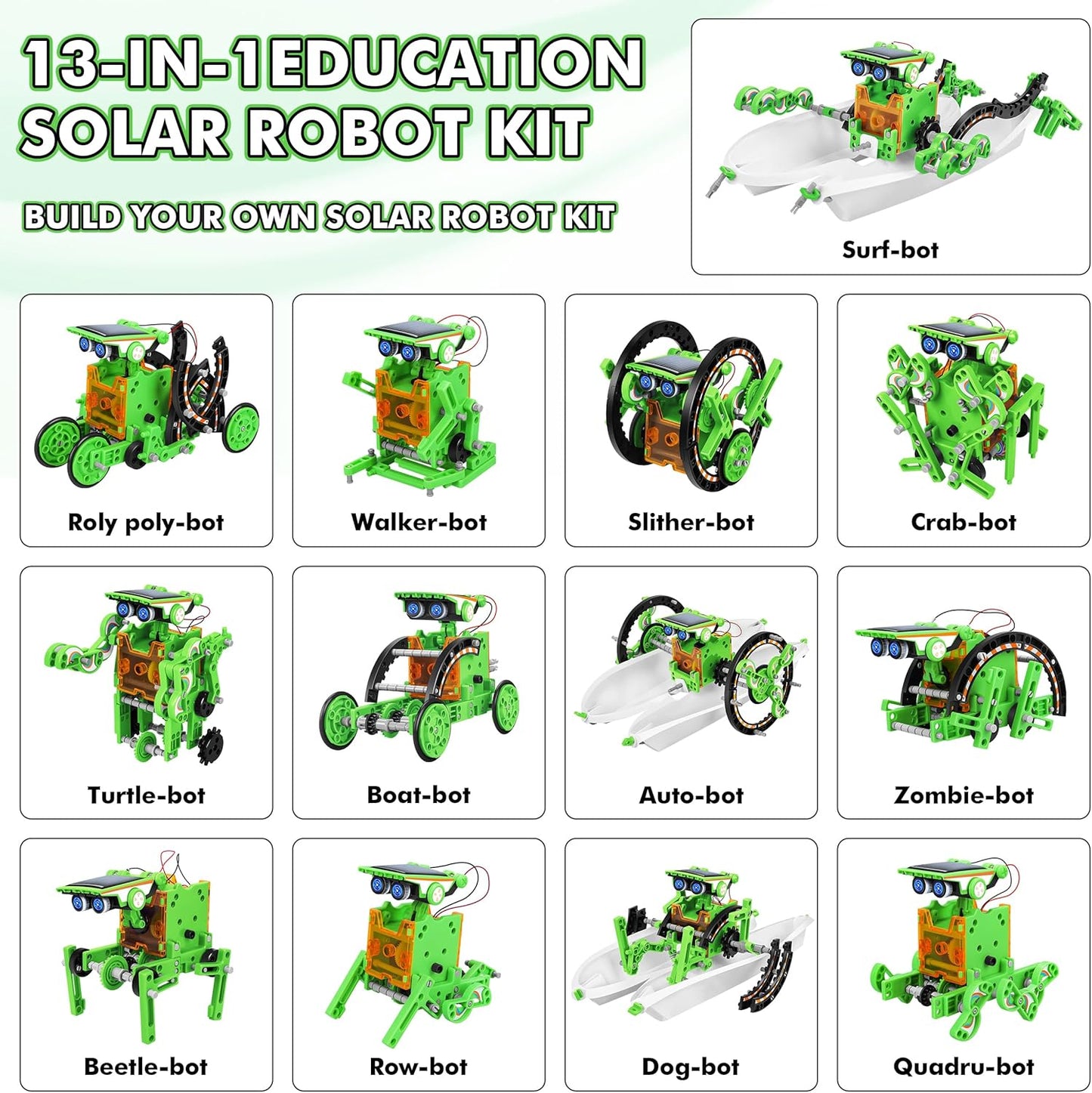 Bottleboom STEM 13-in-1 Education Solar Power Robots Toys for Boys Age 8-12, Educational Toy Science Kits for Kids Experiment Robotics Set Birthday Gifts for 8 9 10 11 12 Years Old-Green
