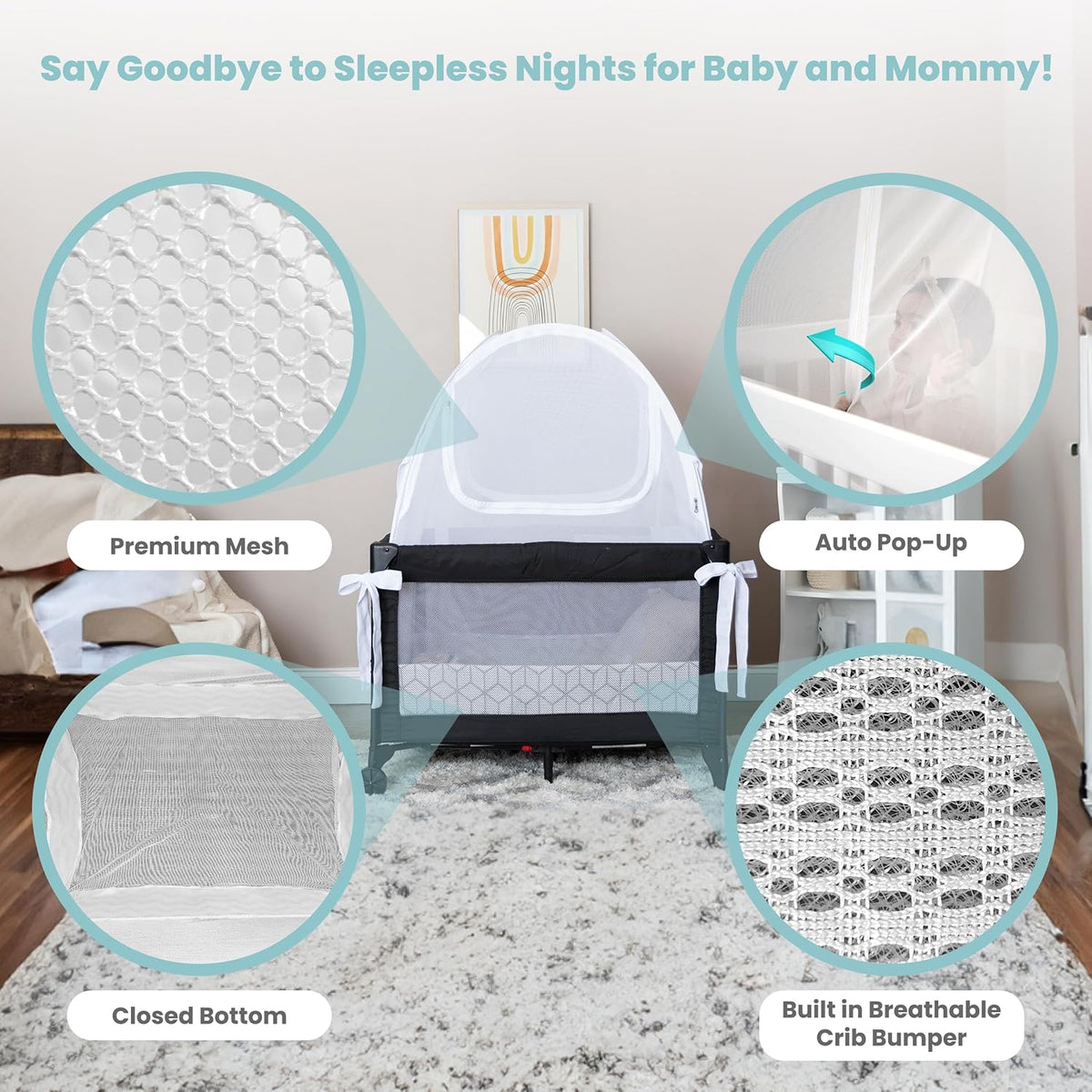Premium Pack n Play Tent, Mini Crib Tent to Keep Baby from Climbing Out, Auto Pop Up Pack and Play Tent with Auto-Lock Zippers, Thick Velvety Breathable Mesh (Geometric Cubes)