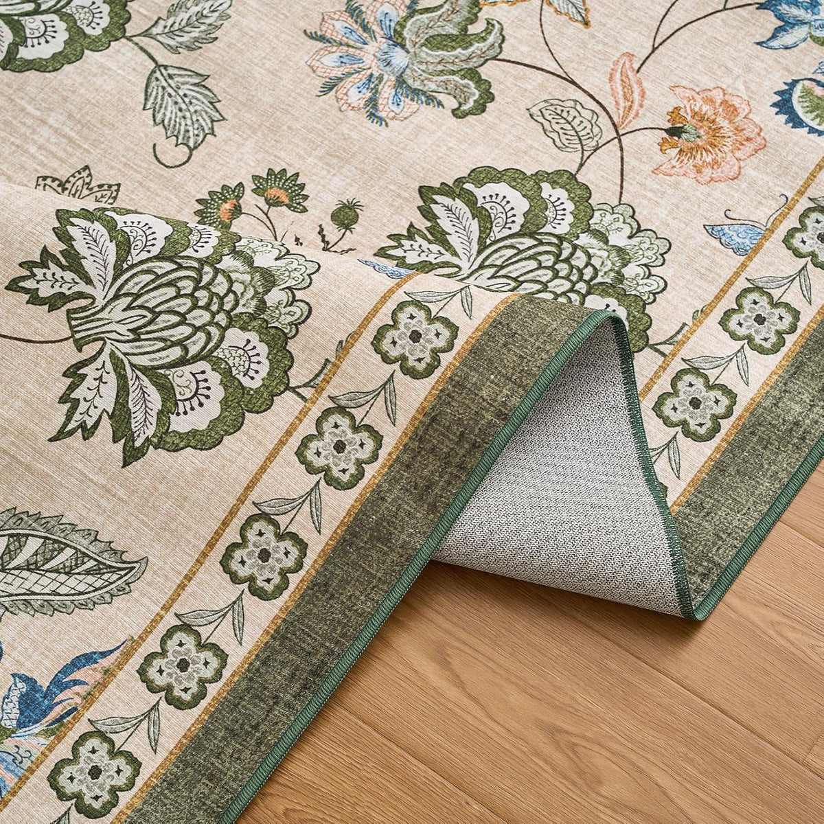 jinchan 8ft Floral Round Rug for Dining Room Washable Living Room Rug Vintage Romance Design Non Slip Indoor Floor Cover Lightweight Low-Profile Throw Carpet for Bedroom Porch Patio, Green/Beige