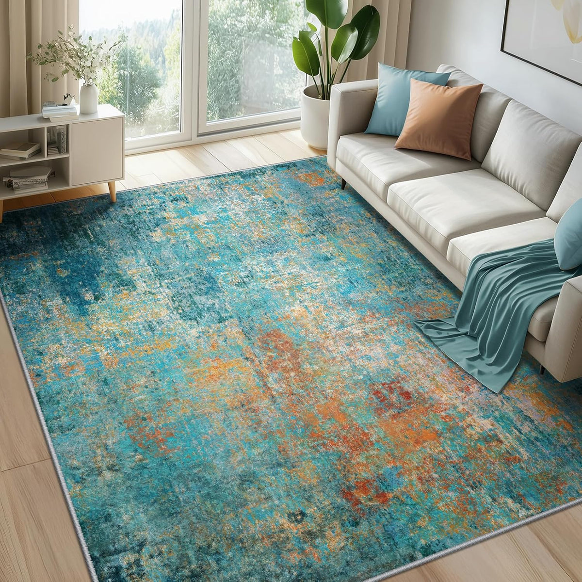 Washable Area Rugs 7'x9' Non-Slip Modern Abstract Soft for Living Room Entryway Bedroom Nursery, Print Pattern, Teal Blue Green Orange Rust Red Colorful