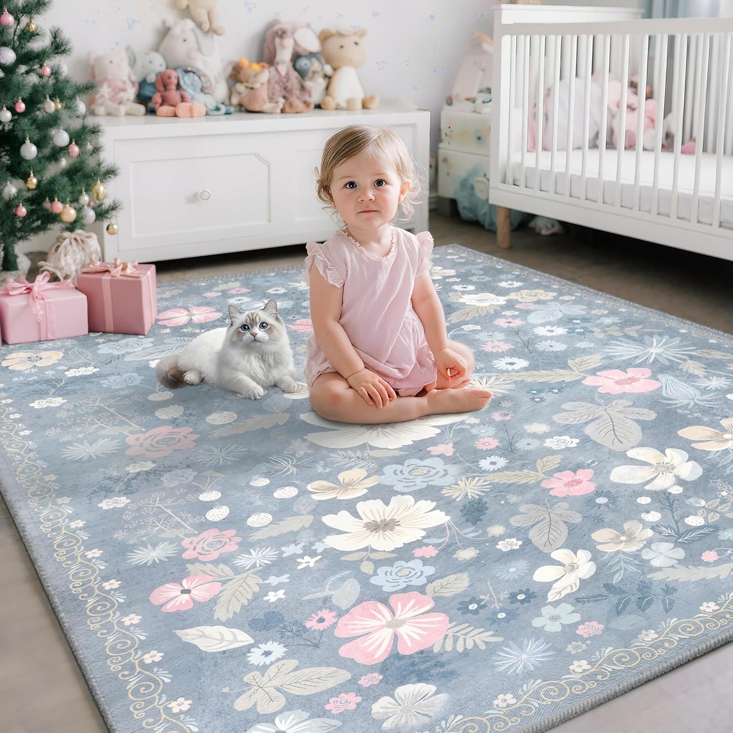 Bedroom Rugs 3x5 Machine Washable Non Skid Stain Resistant Low Pile Faux Fur Area Rug Soft Boho Retro Floral Accent Small Carpet for Living Room Entrance Farmhouse Bedside Nursery Girls,Light Blue
