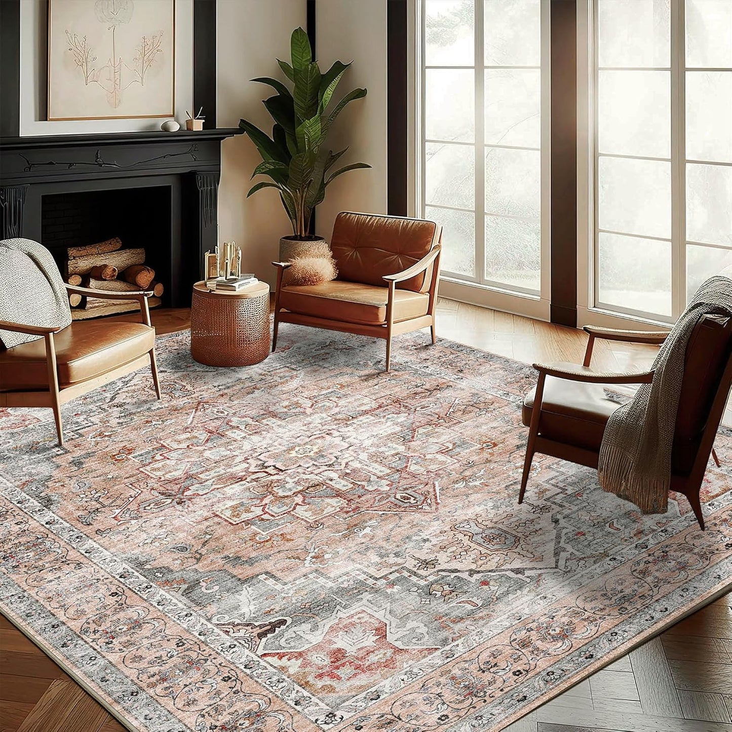 Washable Area Rug 10'x14' Light Cyan and Light red Retro Flowers Boho Design Non-Shedding Easy Care Ideal for High Traffic Areas in Living Room Bedroom Office Kitchen Large Carpet