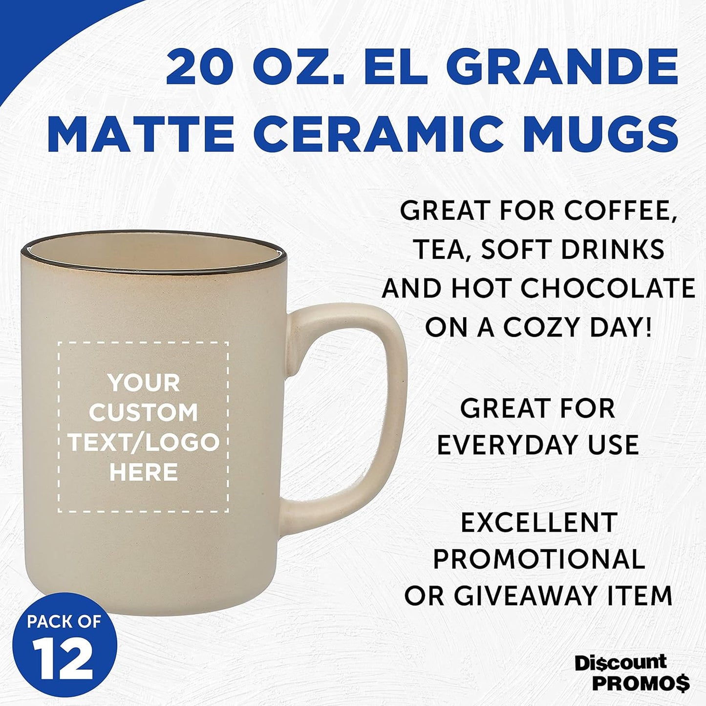Custom El Grande Matte Ceramic Mugs 20 oz. Set of 12, Personalized Bulk Pack - Perfect for Tea, Espresso, Cappuccino, Hot Cocoa - Beige