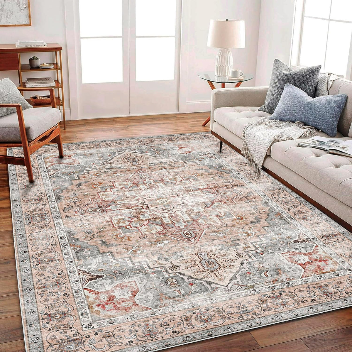 Area Rug 6'x9' Light Cyan and Light red Washable Vintage Traditional Floor Cover Thin Retro Kitchen Indoor Distressed Non Slip Carpet for Living Room Bedroom Dining Room
