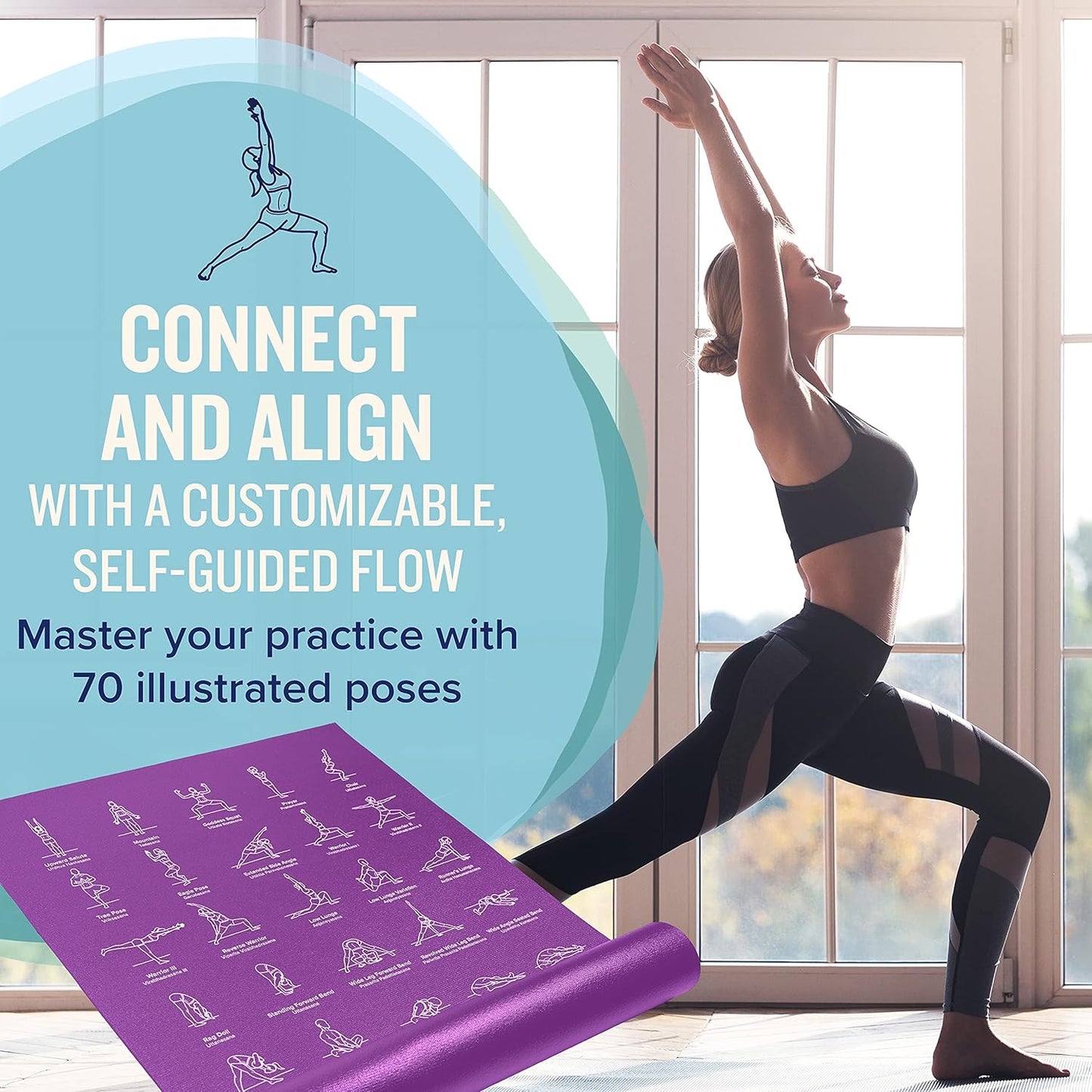 NewMe Fitness Yoga Mat for Women and Men - Large, 5mm Thick, 68 Inch Long, Non Slip Exercise Mats w/ 70 Printed Yoga Poses for Pilates, Workout and Stretching - Home and Gym Essentials