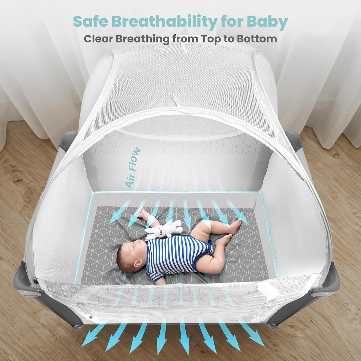 Premium Pack n Play Tent, Mini Crib Tent to Keep Baby from Climbing Out, Auto Pop Up Pack and Play Tent with Auto-Lock Zippers, Thick Velvety Breathable Mesh (Geometric Cubes)