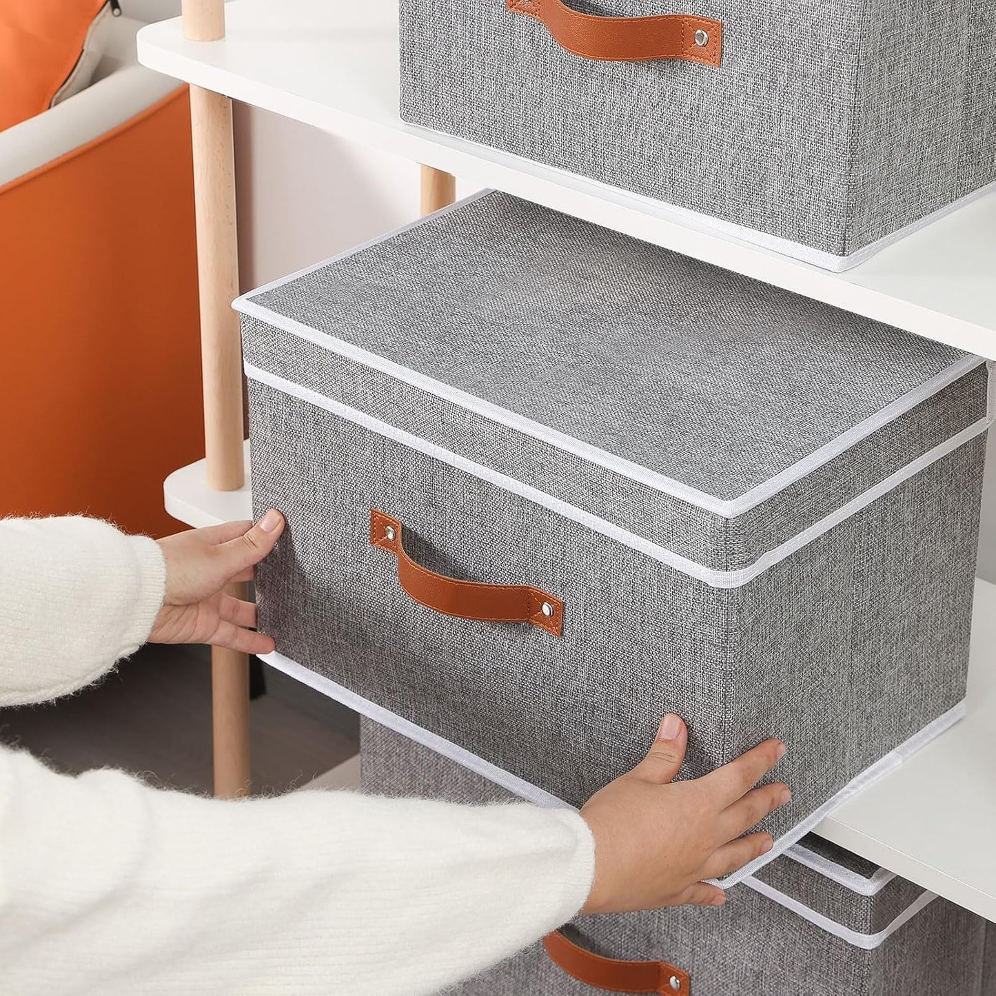 Fabric Storage Bins with Lids, Linen Foldable Clothes Boxes, Closet Organizer Containers with Double Handles, Baskets for Bedroom, Grey, 1 Pack, 13 x 9.1 x 7.9 Inch
