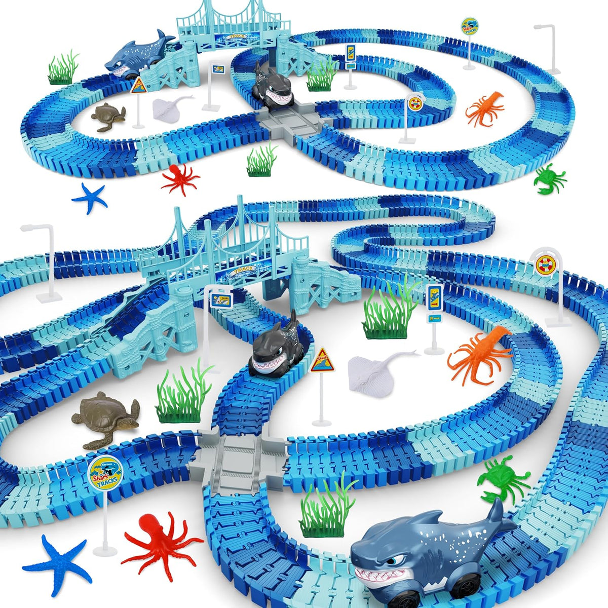 Track Race Car Toys for Kids, Create A Ocean World Race Road, Flexible Tracks Playset & 2PCS Cool Shark Cars, Toddler Toys Birthday Gifts for Age 3 4 5 6 Year Old Boys Girls