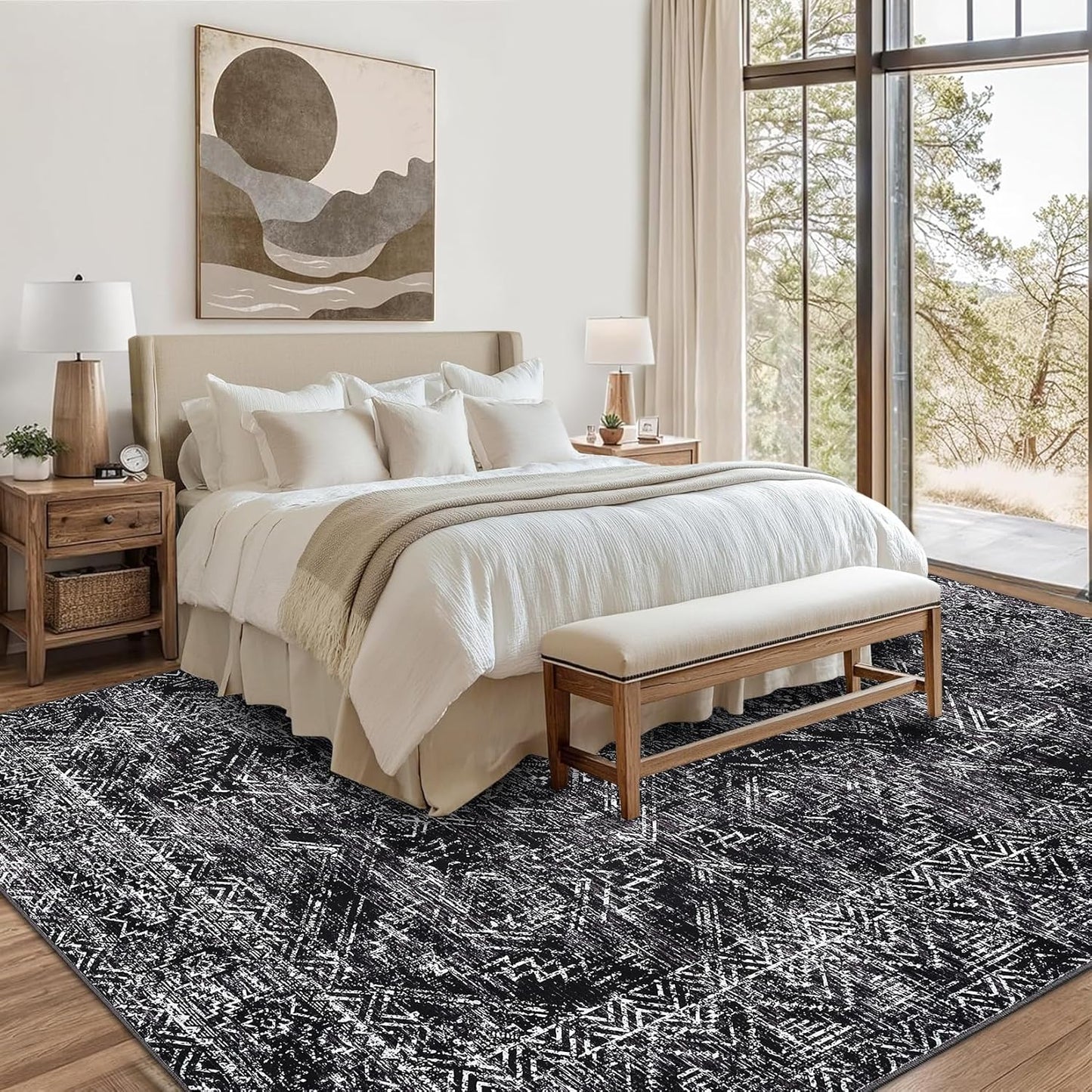 COZYLOOM Area Rug 6x9 Washable Rug for Bedroom Office Dining Room Living Room Vintage Non Slip Large Area Rug Geometric Soft Throw Low Pile Stain Resistant Carpet, Black
