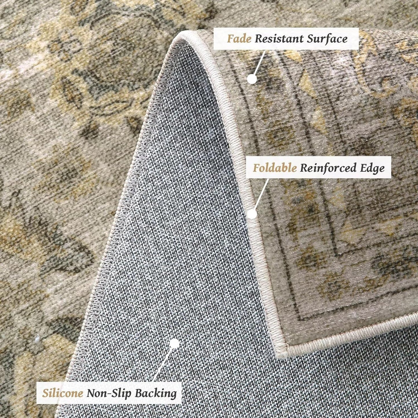 Washable 5x7 Area Rugs for Living Room, Boho Non-Slip Silicone Backing Rugs for Bedroom Dining Room Nursery Office, 0.3" Neutral Oriental Throw Carpet with 0.16" Cushioning Pad, Light Brown/Multi