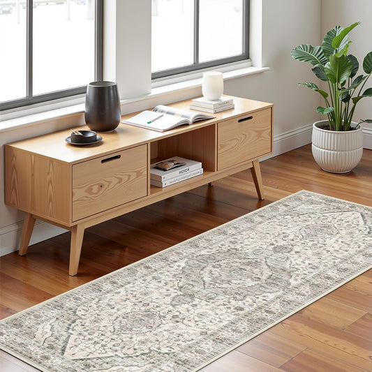 Runner Rug 2x5 Rug Boho Small Washable Area Rugs for Entryway Bathroom Kitchen, Hallway Runner Rugs Soft Low Pile Non-Slip Rubber Backing Oriental(Border Cream
