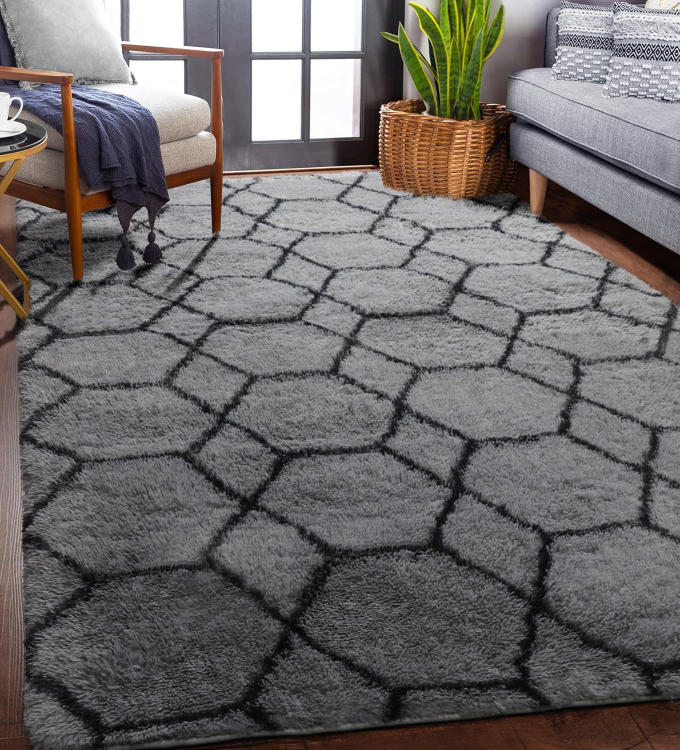 ONASAR Bedroom Living Room Area Rugs 5x8, Grey and Black Geometric Rug Floor Mat for Home Decor Aesthetic, Soft Shaggy Plush Fluffy Moroccan Carpet for Teen Nursery Playroom Dorm Classroom