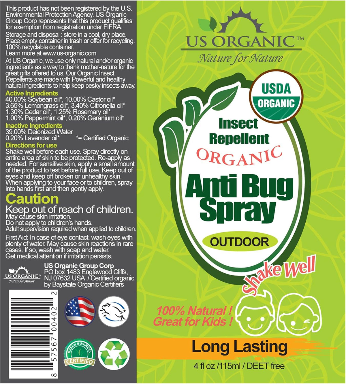 US Organic Mosquito Repellent Anti Bug Outdoor Pump Spray, 4 oz, Certified Organic, DEET-Free, Natural Insect Protection for Camping, Hiking, Travel