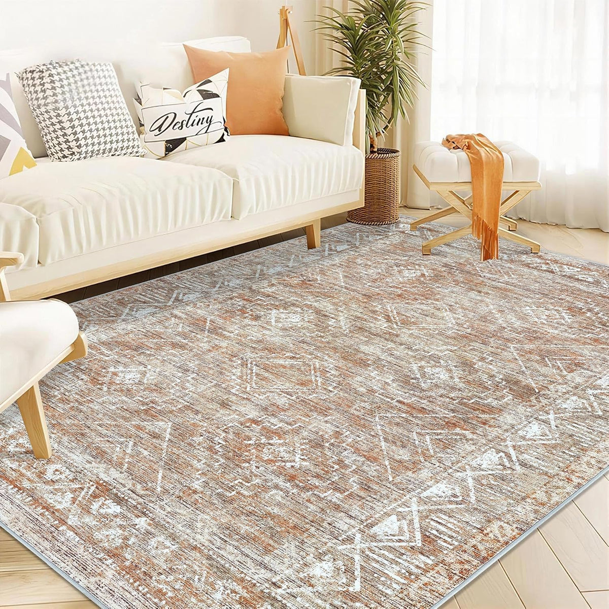 Moroccan Large Area Rug 5x7 - Soft Machine Washable Geometric Boho Distressed Farmhouse Rug Morden Stain Resistant Indoor Floor Carpet for Bedroom Dining Table Nursery Home Office (5 x 7, Brown)
