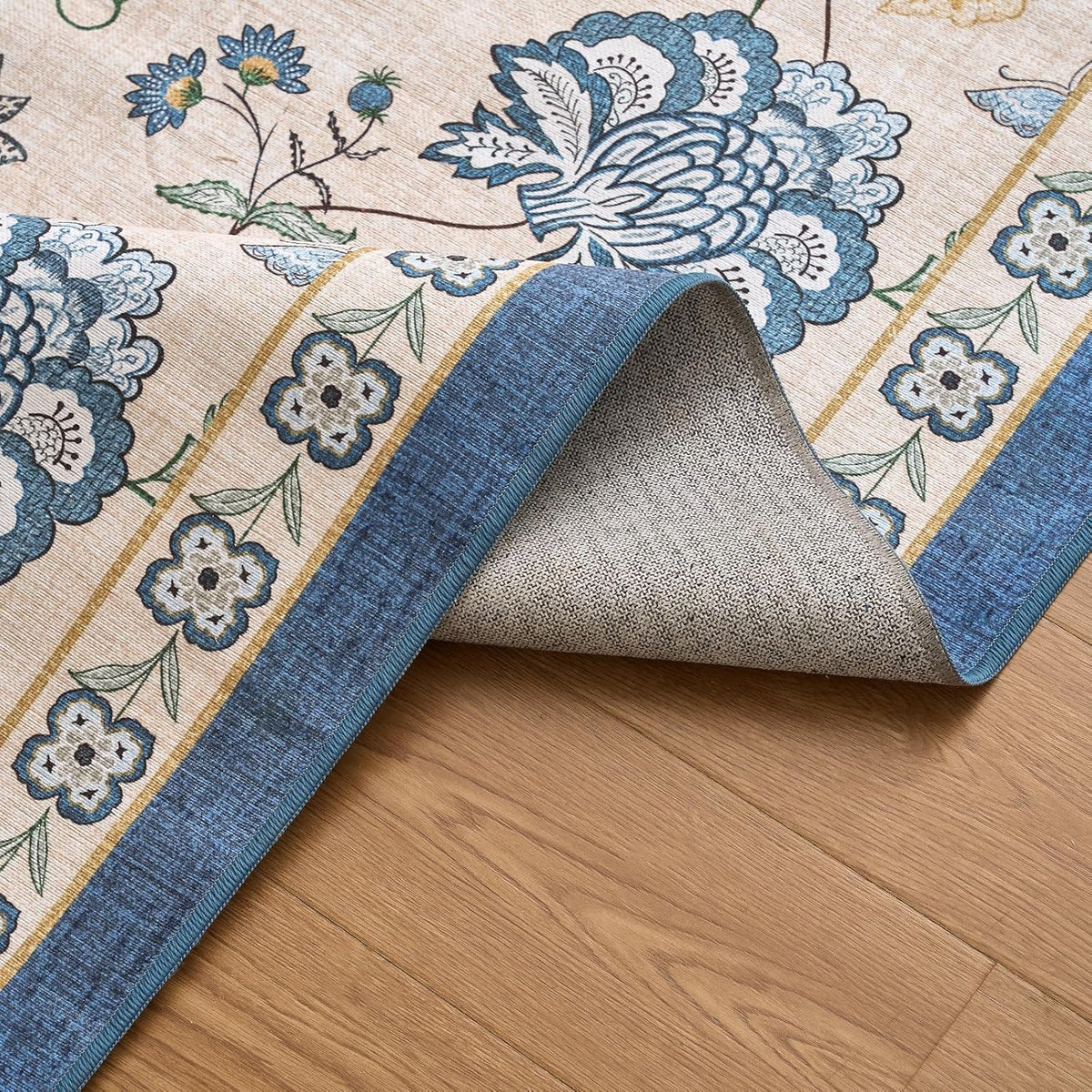 jinchan 3x5 Floral Rug for Entryway Washable Kitchen Rug Vintage Romance Design Small Mat Non Slip Indoor Doormat Lightweight Low-Profile Throw Carpet for Entrance Bathroom Laundry Room, Blue/Beige