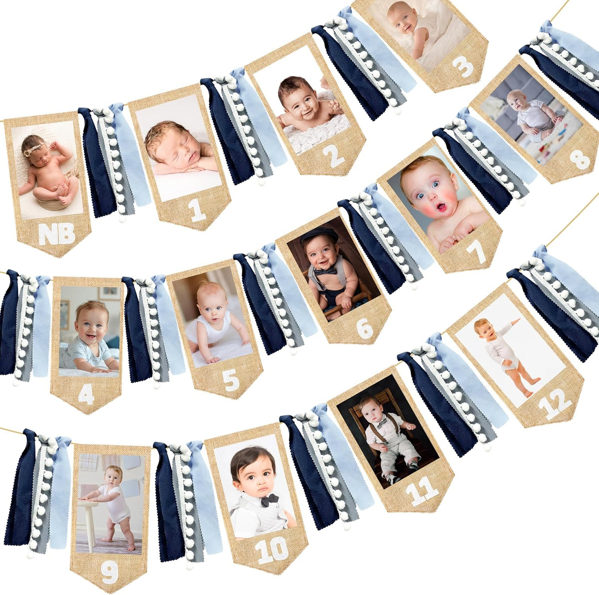 pinkblume 1st Birthday Burlap Photo Banner Garland Handmade Felt from Newborn to 12 Months with Dusty Blue Gray Ribbon for Baby Boy Girl Monthly Milestones First Birthday Party Decoration Supplies