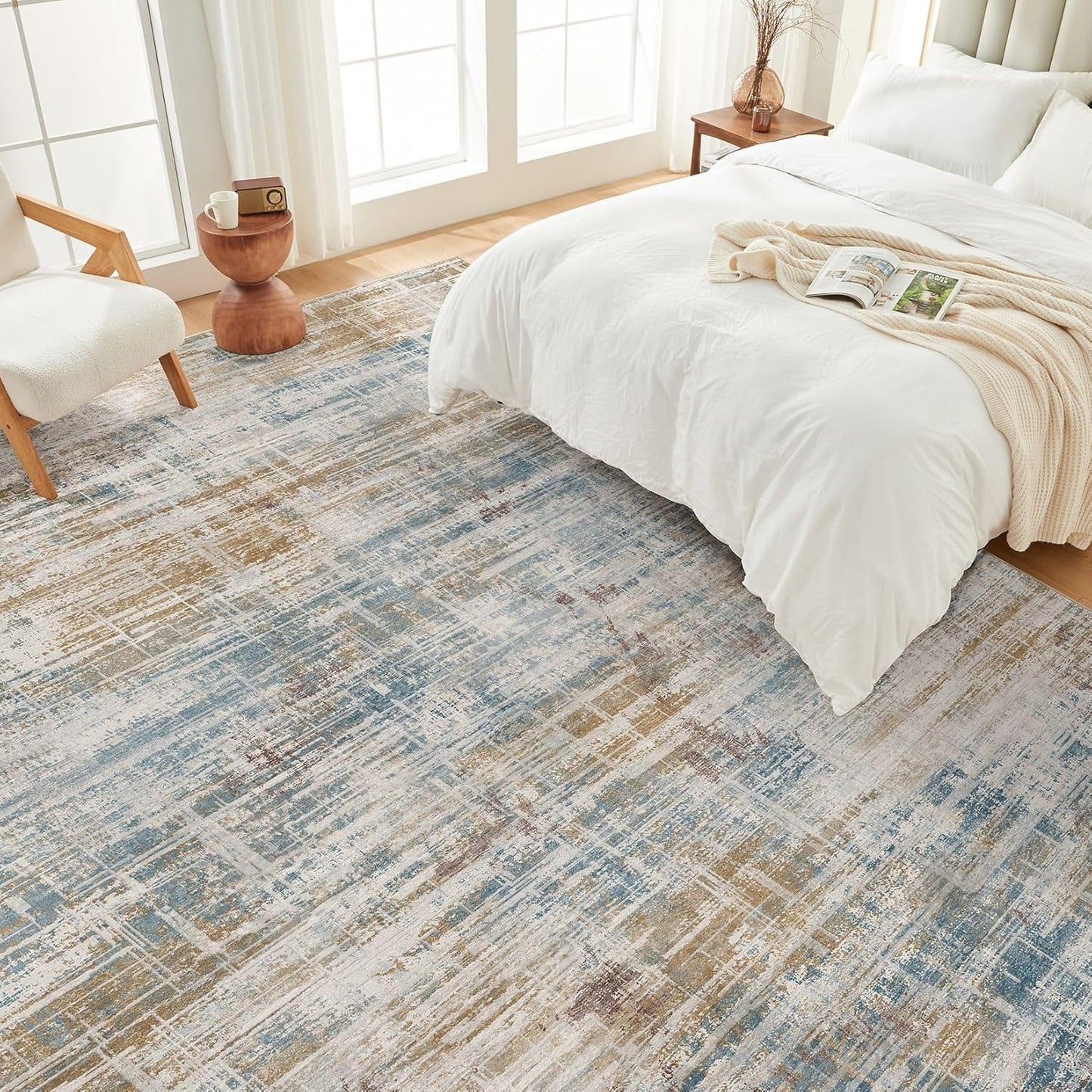 Area Rug for Living Room: 5x7 Washable Neutral Abstract Modern Soft Rugs Non Slip Indoor Floor Stain Resistant Carpet for Bedroom Dining Room Office Nursery - Blue Brown
