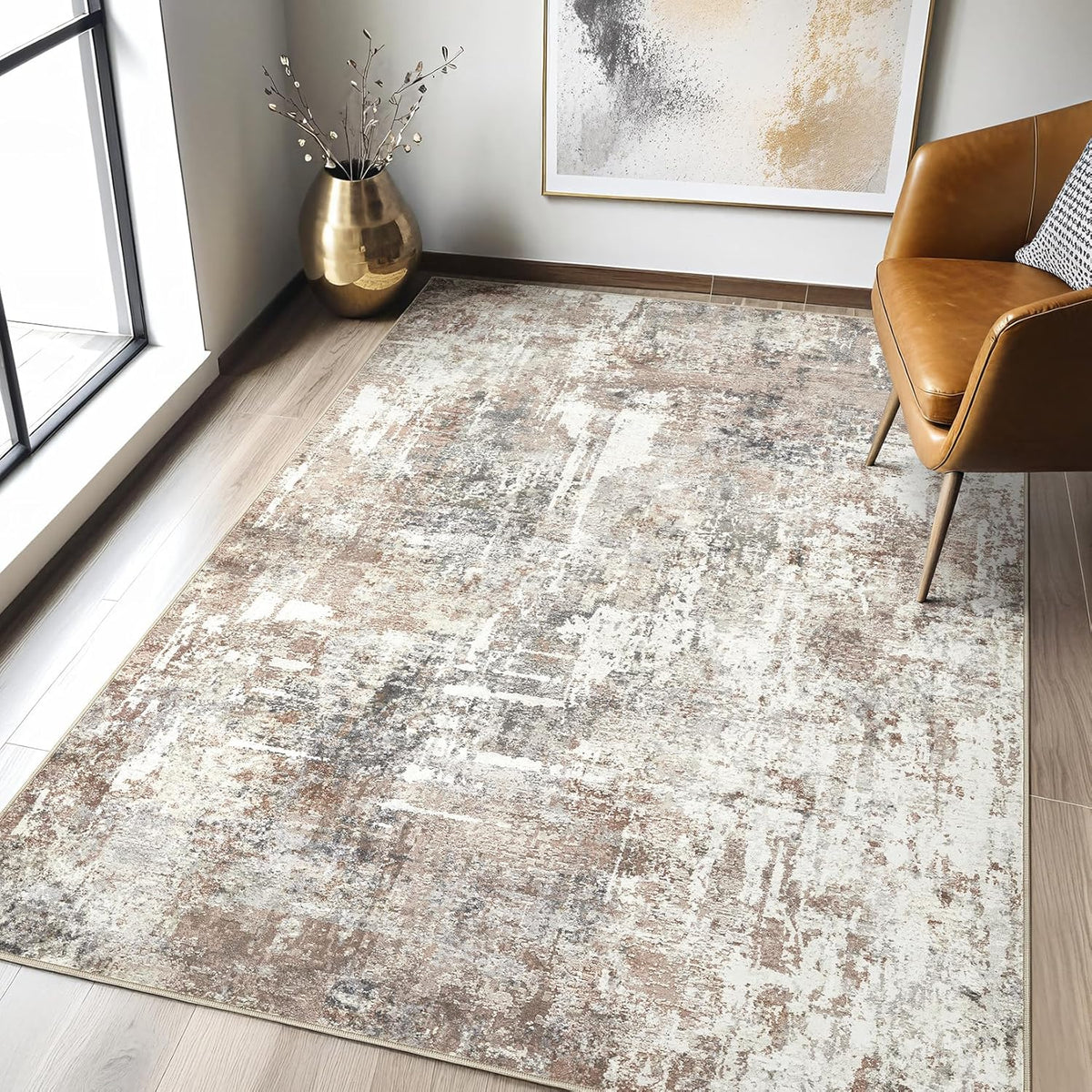 4x6 Rug Washable Area Rugs: Abstract Modern Soft Stain Resistant Indoor Floor Accent Non Slip Carpet for Living Room Entryway Kitchen Bedroom Nursery Office Bedside Home House Decor- Brown