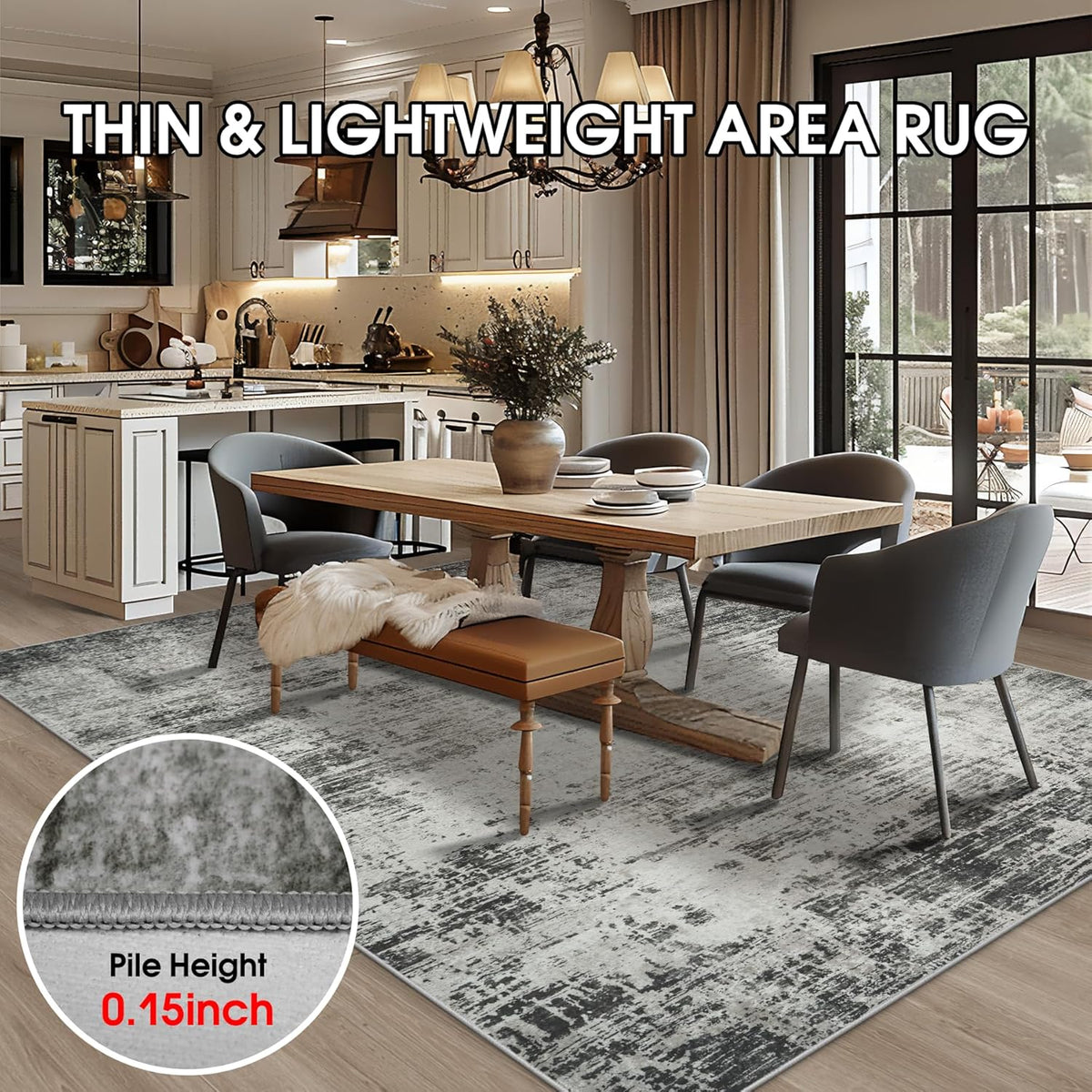 Area Rug 9x12 Washable Rugs: Abstract Large Living Room Rugs with Non-Slip Backing, Stain Resistant Indoor Floor Carpet for Bedroom Dining Room Table Nursery Hallway Home Office-Black/Gray