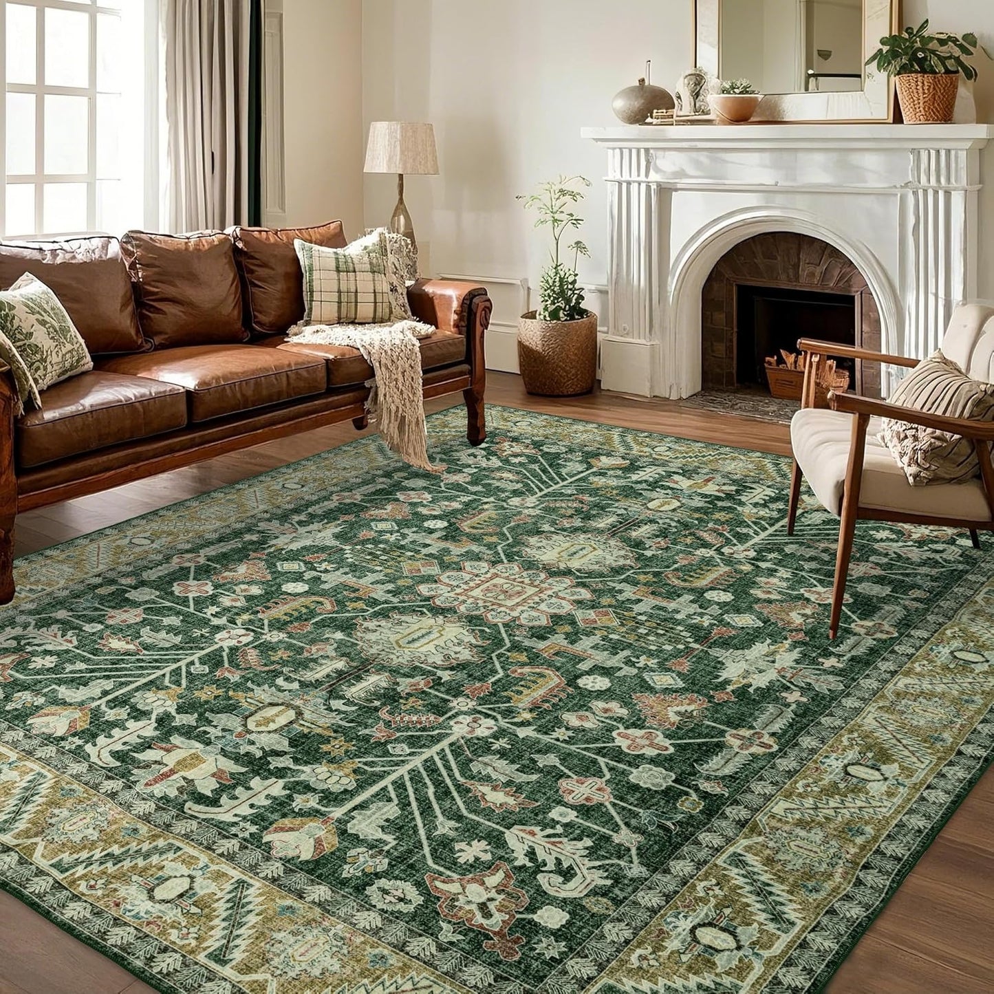 9x12 Area Rug Washable: Oriental Soft Area Rug for Living Room Bedroom No Shedding - Low Pile Thin Carpet Rug for Dining Room Non Slip - Boho Vintage Rug for Home Decor - Retro Forest Green
