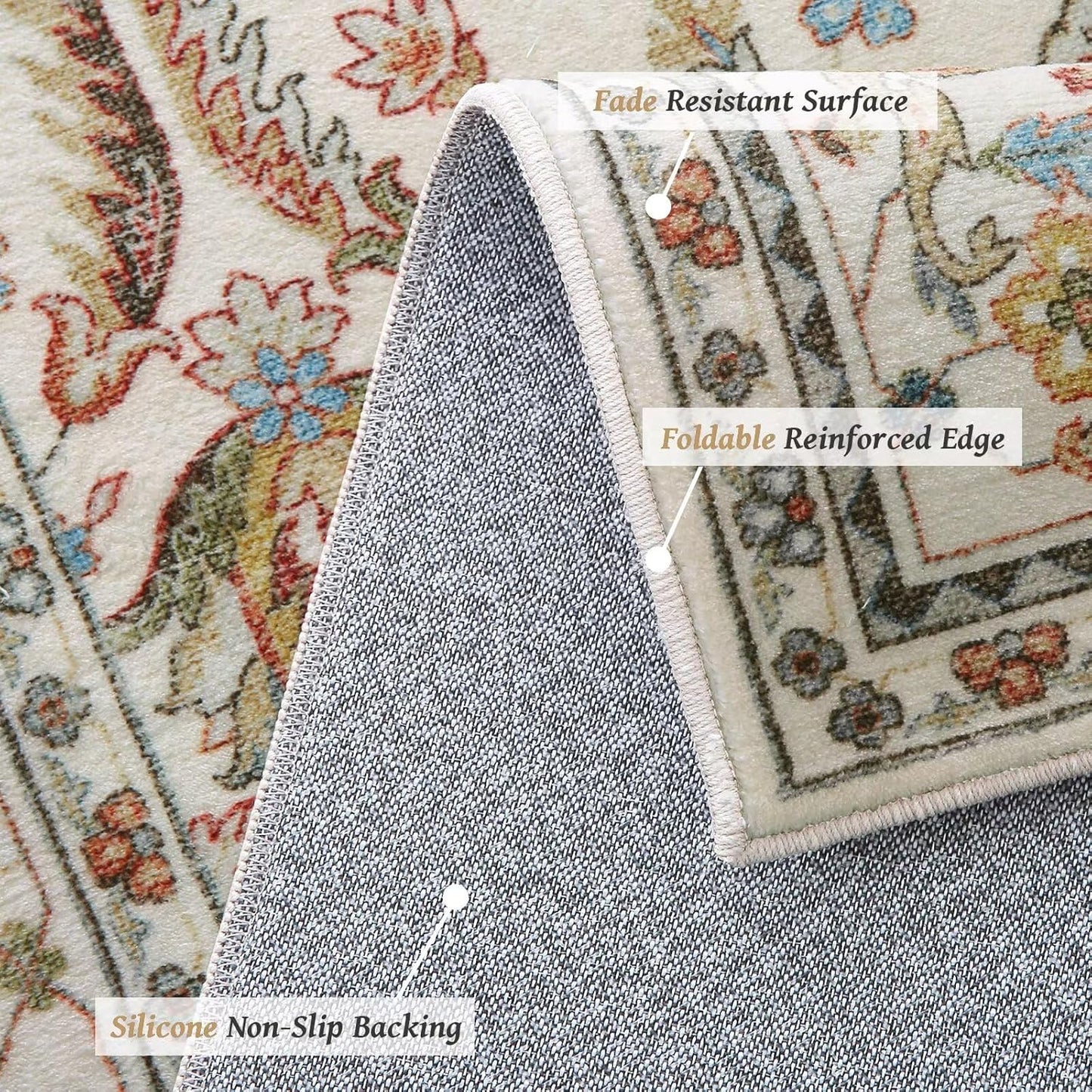 Washable 5x7 Area Rugs for Living Room, Boho Non-Slip Silicone Backing Rugs for Bedroom Dining Room Nursery Office, 0.3" Neutral Oriental Throw Carpet with 0.16" Cushioning Pad, Light Beige/Multi