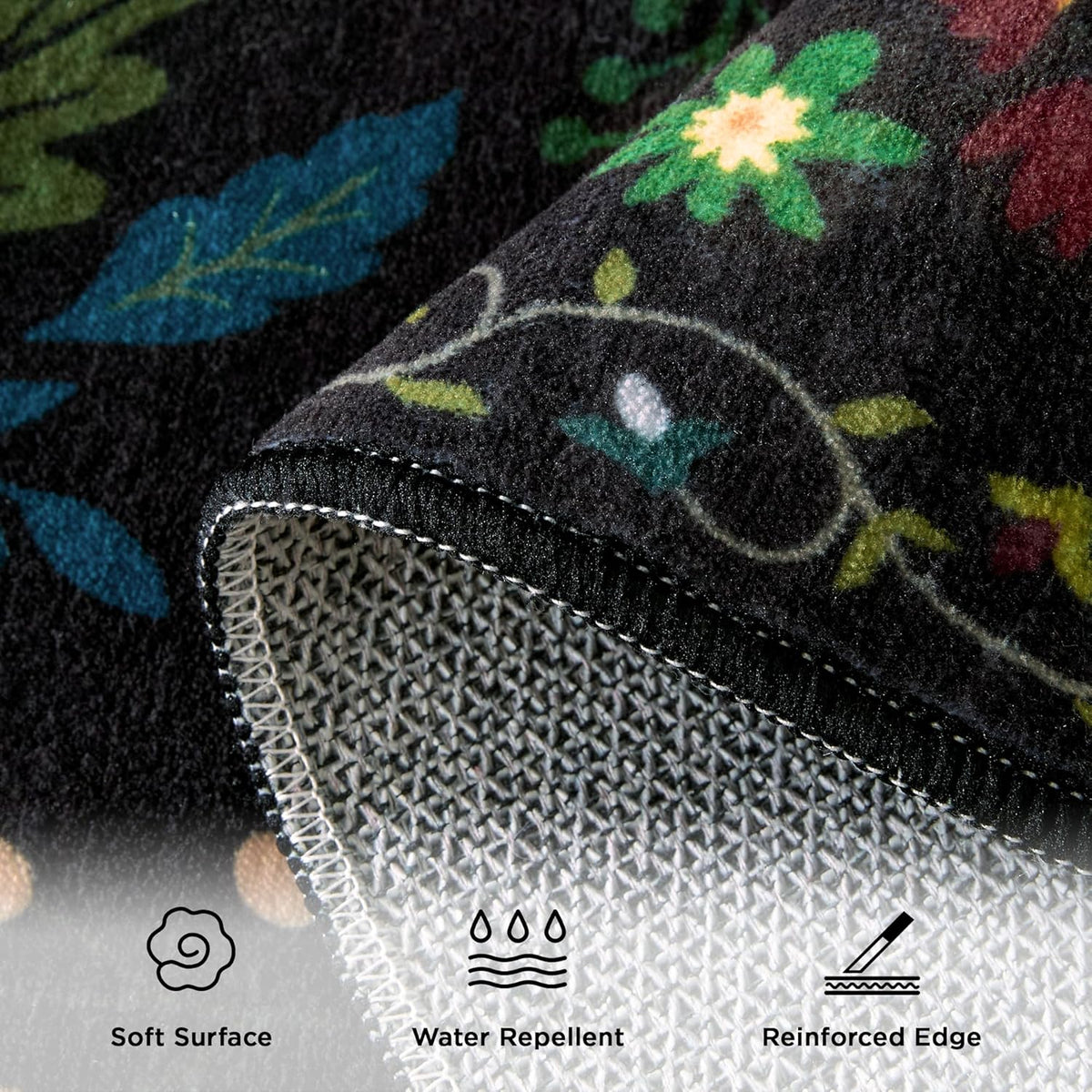 2x3 Washable Rug for Entryway, Floral Soft Small Area Rug, Non Slip Doormat Indoor Entrance Carpet, Flower Low Pile Front Door Throw Rug for Bedroom, Kitchen, Laundry, Bathroom, Black