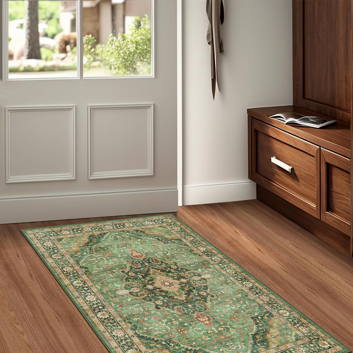 Green Runner Rug 2x4 Rugs Boho Small Washable Runner Rugs for Entryway Bathroom Kitchen, Small Rugs Soft Low Pile Non-Slip Rubber Backing Oriental Door Mat