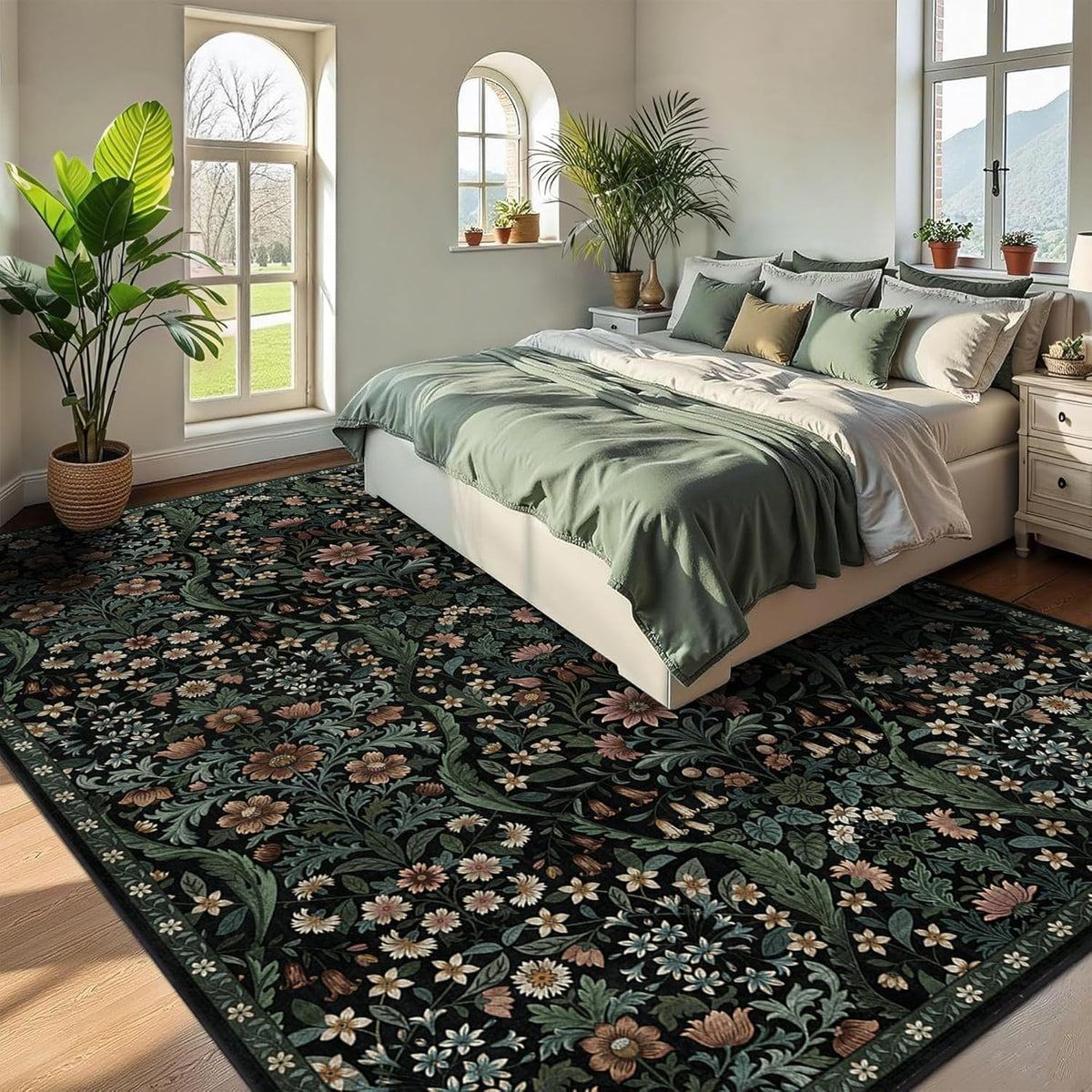 9x12 Black Vintage Floral Area Rug,Washable Large Boho Living Room Rugs,Botanical Print Non-Slip Stain Resistant Lightweight Carpet for Bedroom Dining Room Nursery