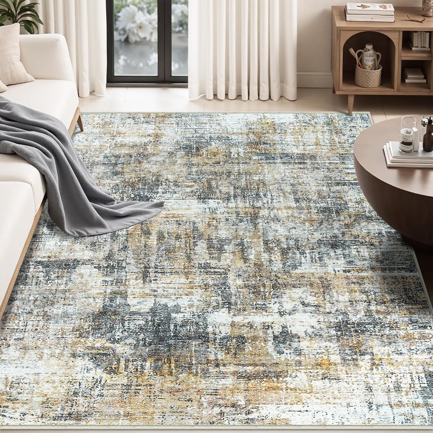 Washable Rug 6x9 Area Rugs: Abstract Washable Rugs with Non-Slip Backing, Stain Resistant Indoor Floor Carpet for Bedroom Dining Room Table Nursery Hallway Home Office Brown/Gray