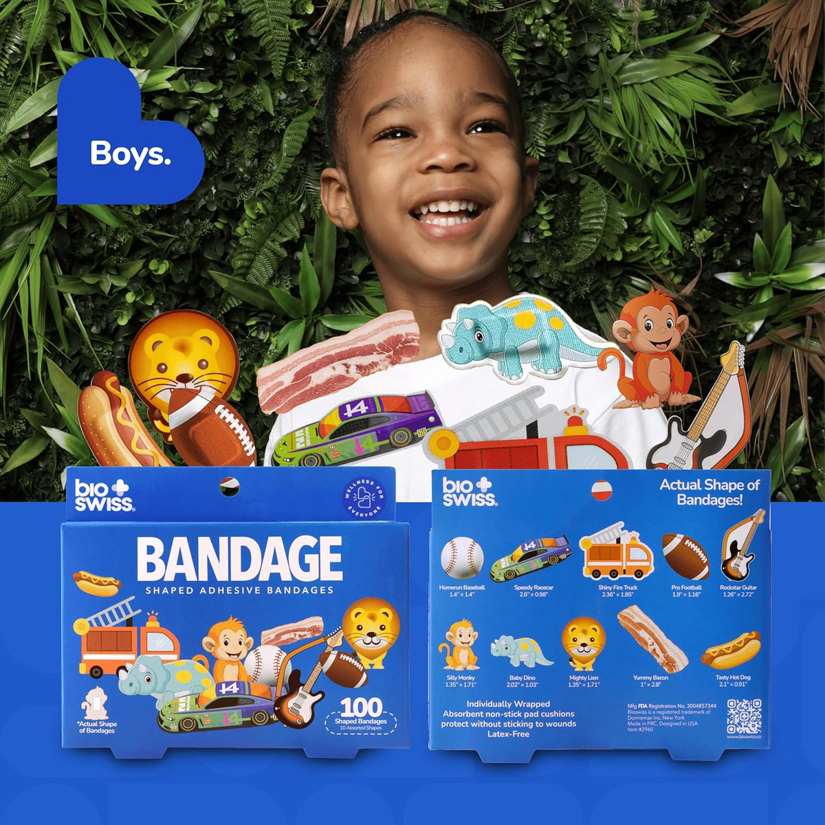 BioSwiss Bandages, Assorted Animal, Fun and Food Shaped Self Adhesive Bandage for Boys, Latex Free Sterile Wound Care, 100 Count