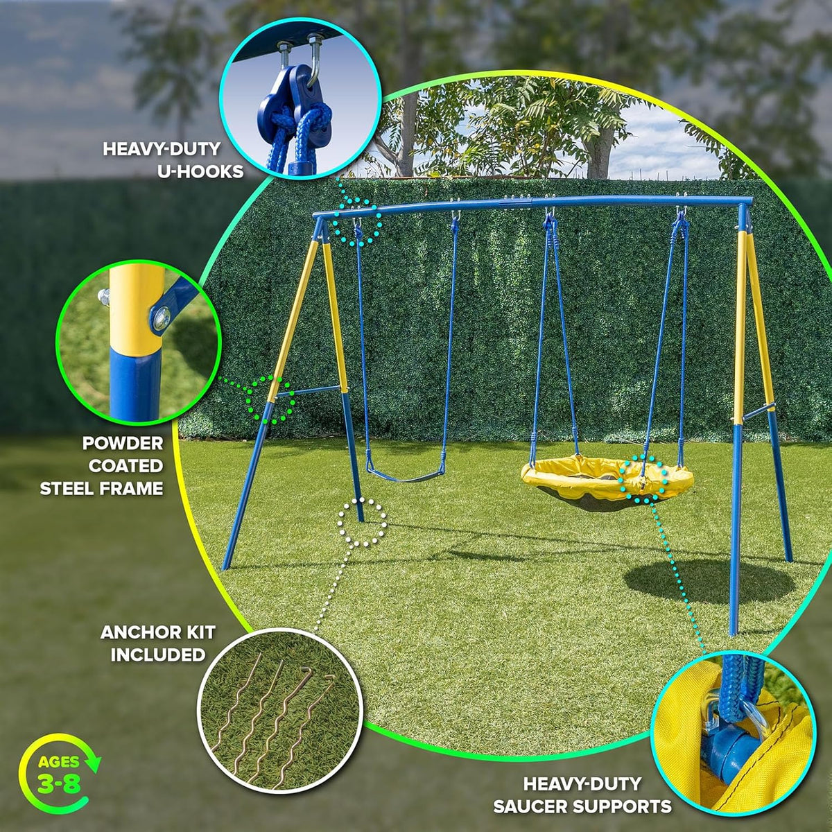 Sportspower Metal Play and Swing Set for Kids with Belt Sling Swing and Saucer Swing with Slide