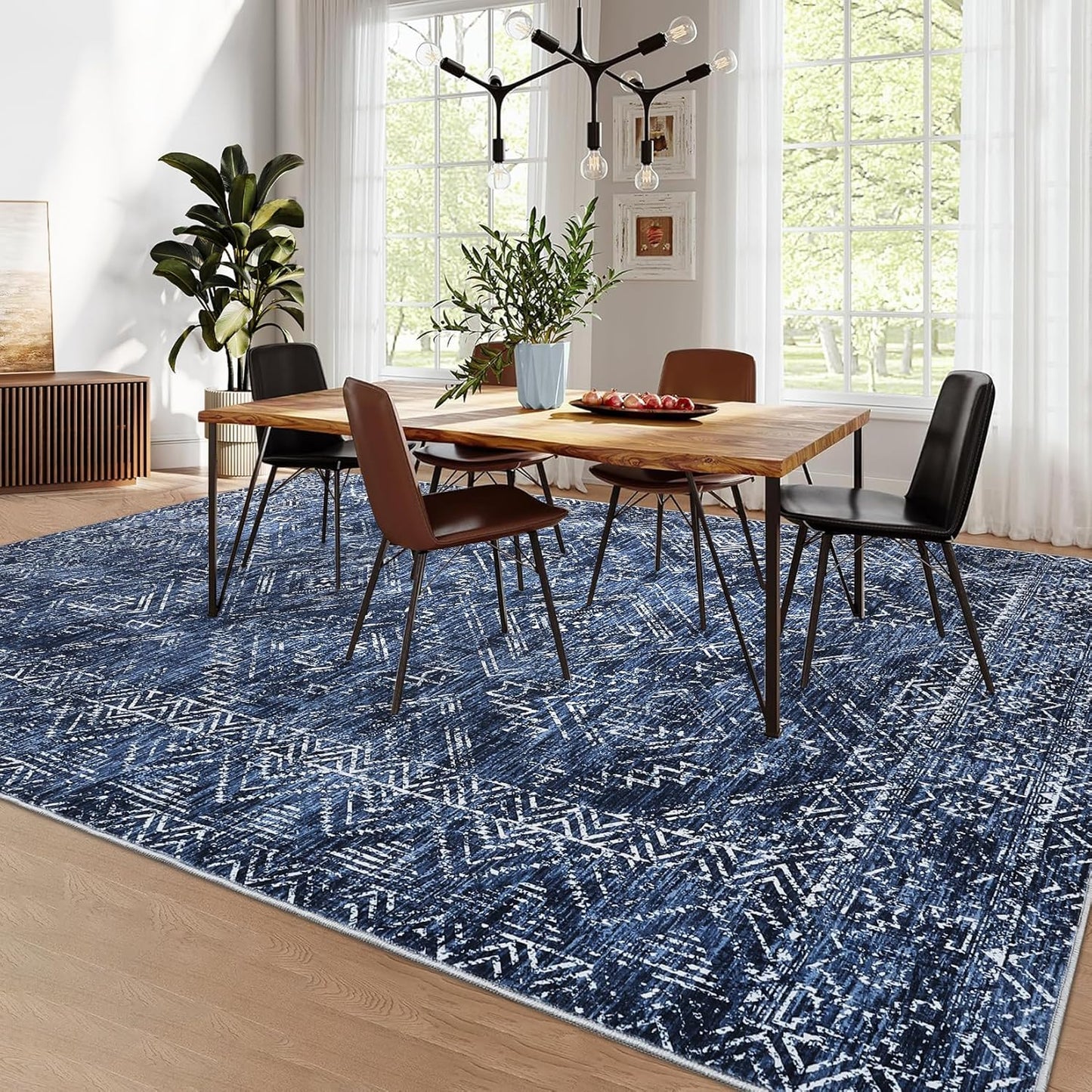 COZYLOOM Bedroom Rug 8x10 Under Bed Machine Washable Area Rugs Modern Abstract Floor Cover with Non Slip Backing Stain-Resistant Geometric Carpet for Nursery, Living Room, Blue