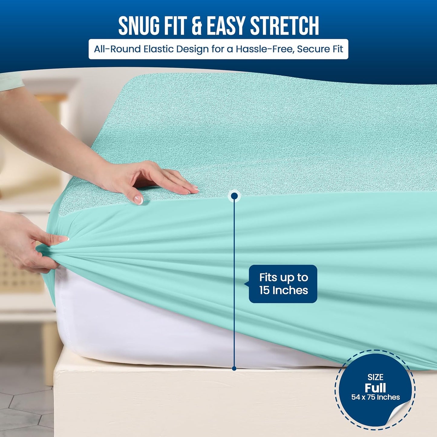 Utopia Bedding Waterproof Mattress Protector Full Size, Premium Terry Mattress Cover 200 GSM, Breathable, Fitted Style with Stretchable Pockets (Spa Blue)