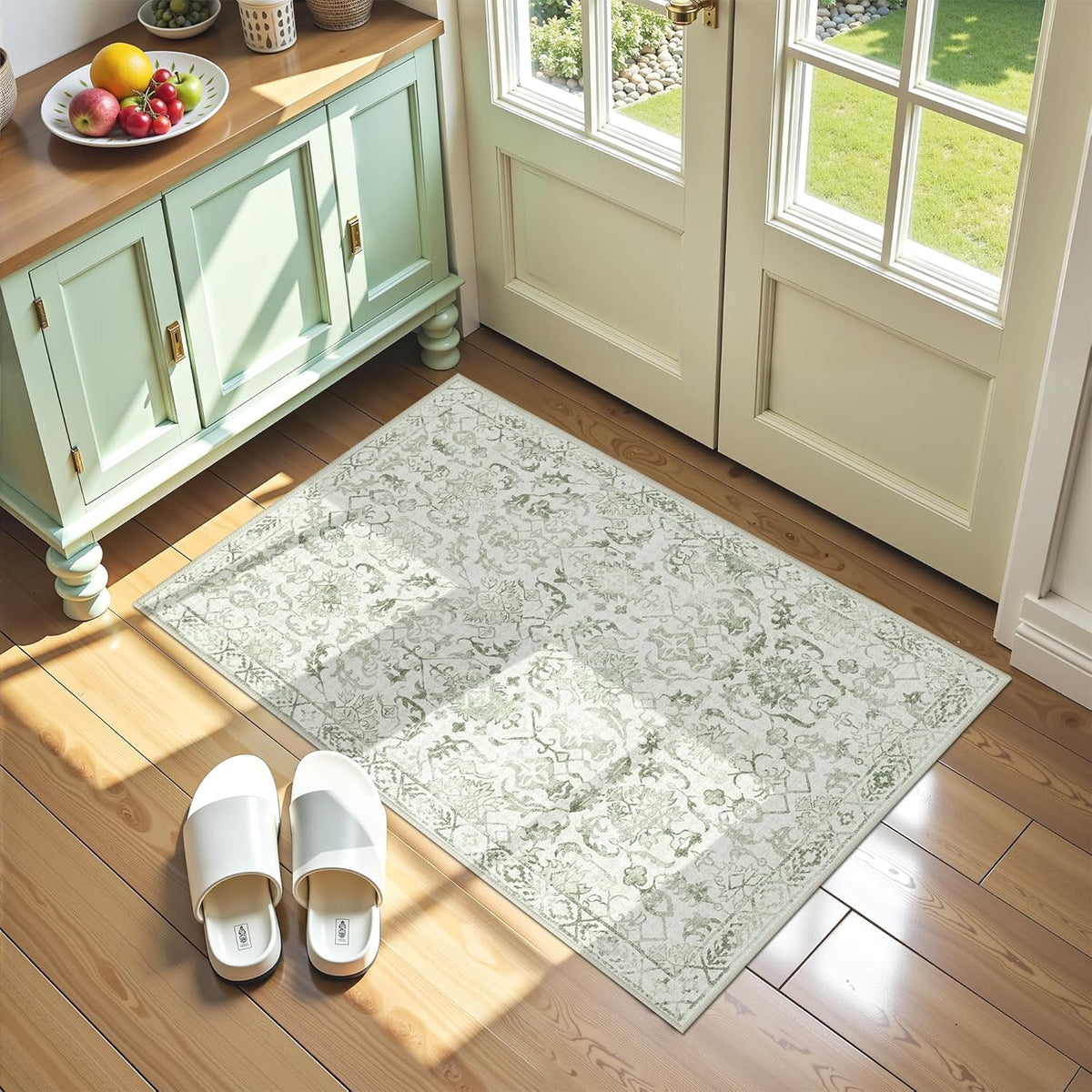 Sage Small Area Rug 2x3 Throw Rug for Entryway Bathroom Kitchen, Non-Slip Low-Pile Washable Distressed Modern Boho Floor Carpet for Laundry Room, Indoor Washstand Vanity Front Mat 24x36 Inch