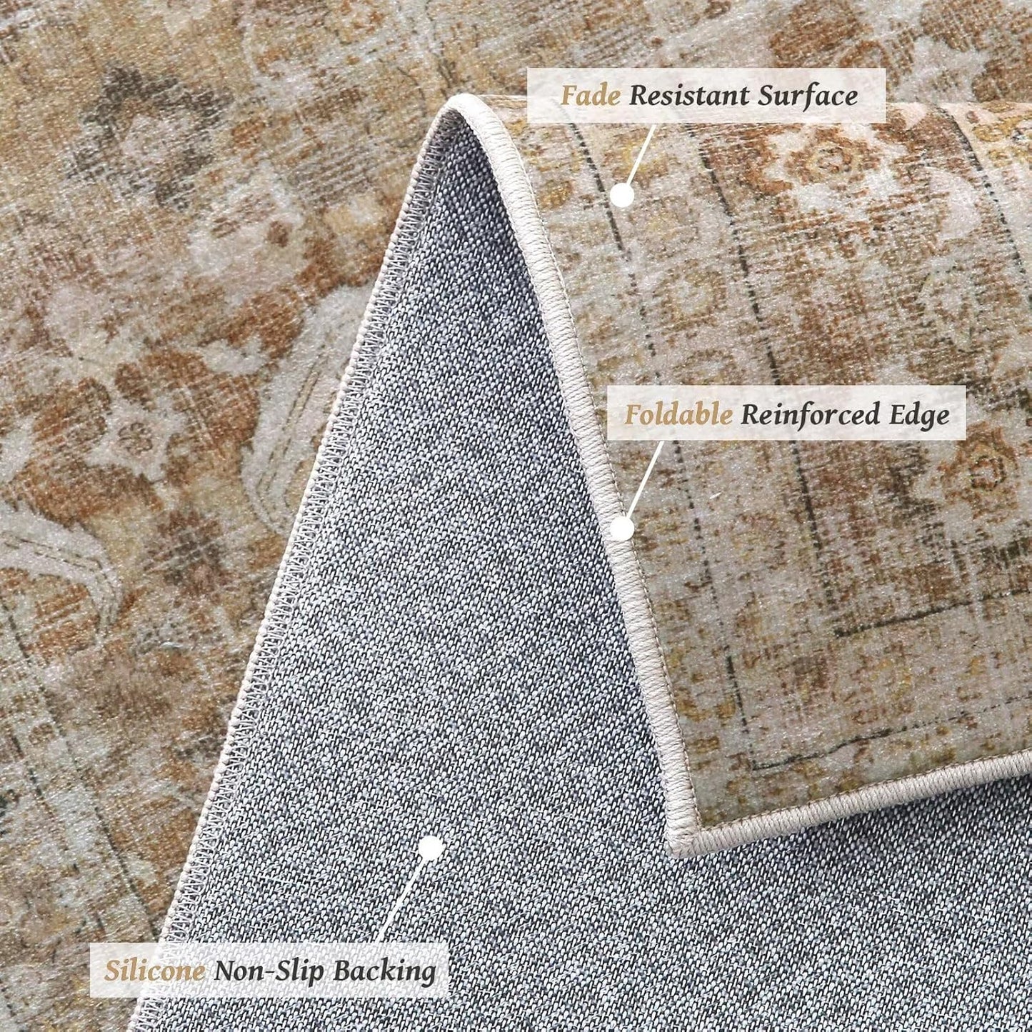 Washable 8x10 Area Rugs for Living Room, Boho Non-Slip Silicone Backing Rugs for Bedroom Dining Room Nursery Office, 0.3" Neutral Oriental Throw Carpet with 0.16" Cushioning Pad, Brown/Multi